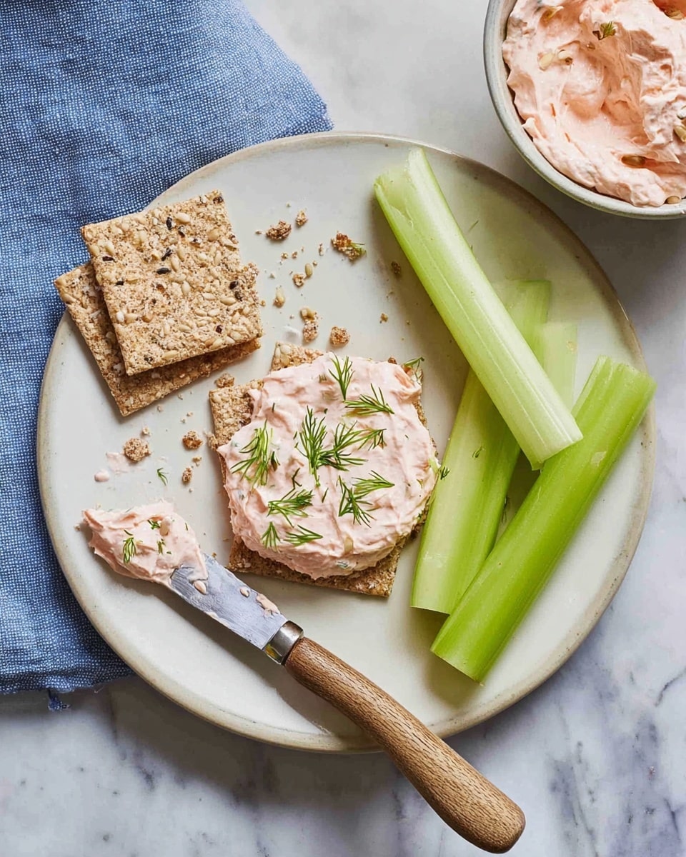 A white round plate with a few light brown seed crackers, one cracker topped with a light pink creamy spread sprinkled with small green dill leaves, and scattered cracker crumbs around it; alongside three bright green celery sticks placed diagonally on the plate. A butter knife with a wooden handle rests on the plate edge, smeared with the same pink spread. In the top right corner, part of a white bowl contains more pink spread. A blue cloth napkin is partially visible in the top left corner on a white marbled surface photo taken with an iphone --ar 4:5 --v 7