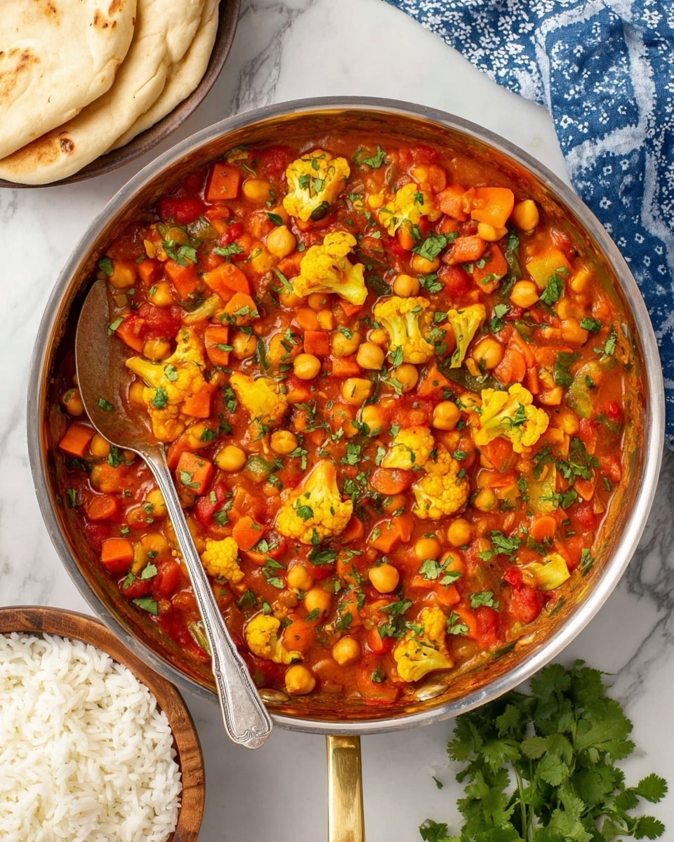 A large silver pan is filled with a colorful vegetable stew featuring chickpeas, orange carrot slices, and yellow cauliflower pieces all mixed in a rich red tomato sauce with small green herb bits sprinkled on top. The pan sits on a white marbled surface with a silver fork resting inside it on the left side. Around the pan, there is a round wooden bowl at the bottom filled with white rice, a stack of flatbreads on the upper right, some green cilantro sprigs scattered on the surface, and a folded blue and white cloth near the rice bowl. Photo taken with an iphone --ar 4:5 --v 7
