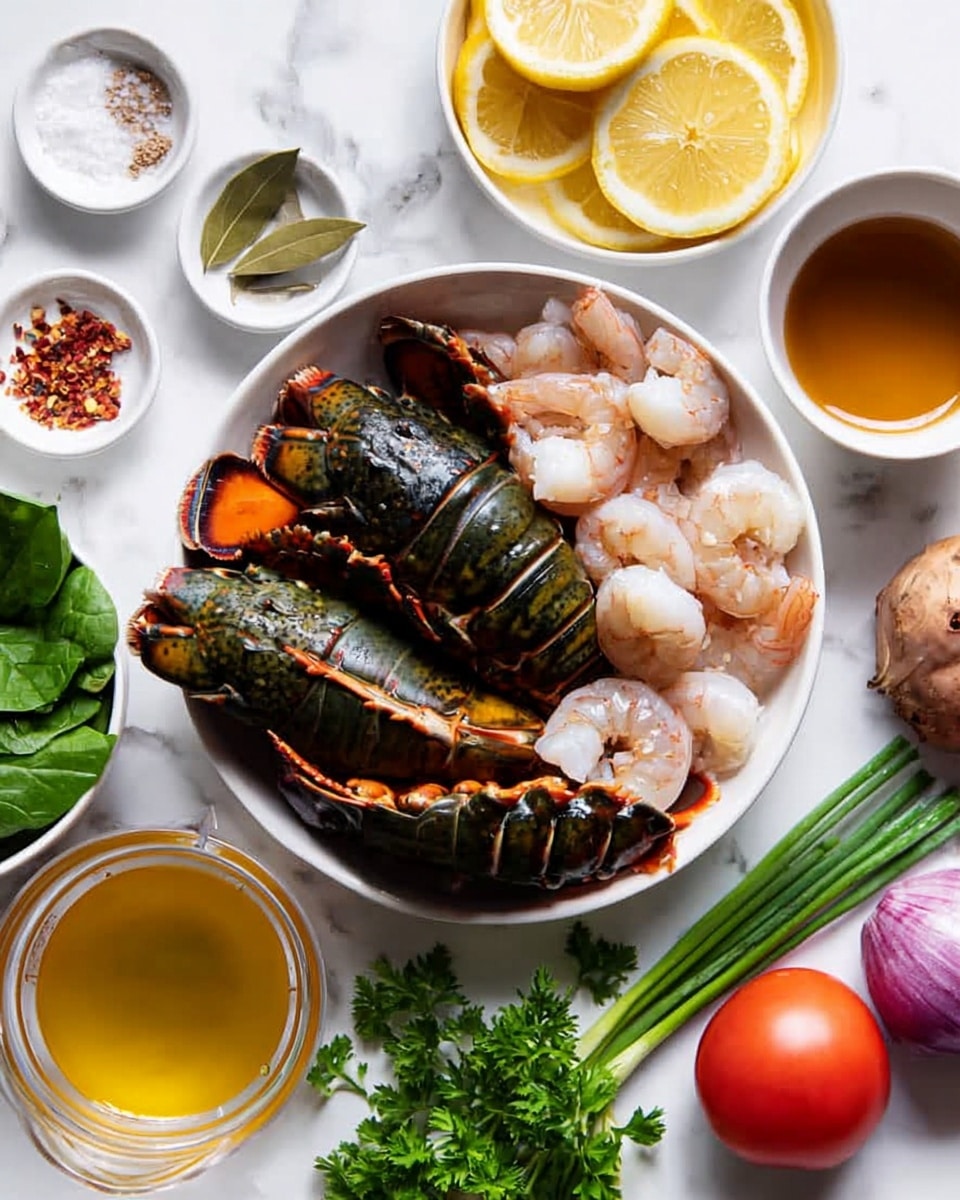 In the image, there is a white bowl filled with three lobster tails, each showing a dark greenish-black and bright orange shell, with white lobster meat inside the shells. In front of the lobster tails inside the bowl, there are several peeled shrimp that are light pink and white. Surrounding the bowl on a white marbled surface are various food items: at the top left, small white dishes with coarse salt, bay leaves, and red pepper flakes; at the top center, lemon wedges in a white bowl; at the top right, fresh green leafy spinach in a white bowl; three garlic cloves near the center; a cluster of three long green onions; half of a red onion near the bottom right; a small red tomato; a clear measuring cup with light brown liquid; a small bowl with yellow oil; and fresh green parsley at the bottom left. Photo taken with an iphone --ar 4:5 --v 7