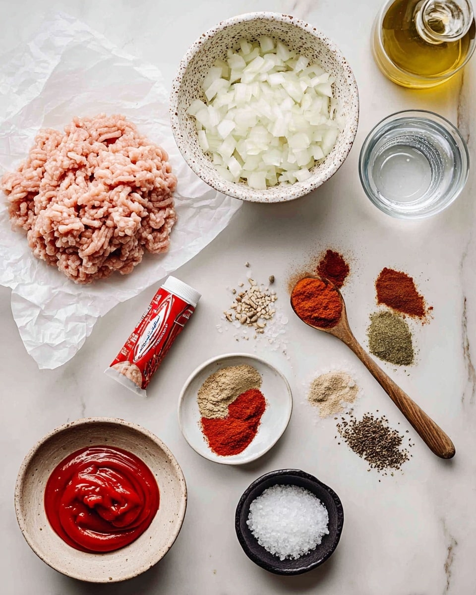 The image shows a collection of ingredients arranged neatly on a white marbled surface. In the center left, there is a white sheet holding a pile of light pink ground meat with a soft texture. Above it, a white bowl with brown speckled edges contains finely chopped white onions. To the right of the onions, a clear glass cup is filled with water. Below the water, a small white bowl holds a swirl of red tomato paste, with an open red tube of tomato paste beside it. Below the tomato paste, a larger white bowl is filled with separate piles of colorful dry spices, including red, brown, beige, and green, arranged in small mounds. Towards the bottom, a small round wooden bowl holds white salt with a wooden spoon resting inside. Lastly, a small black bowl at the bottom right contains coarse black pepper. A glass bottle of light golden oil is placed near the top left corner. The setup is clean and well-lit, with a woman's hand appearing to place or adjust an object from the right edge. photo taken with an iphone --ar 4:5 --v 7