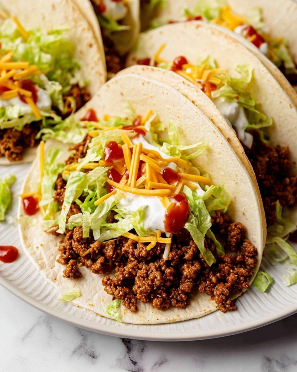 A soft tortilla shell serves as the base layer, lightly beige and folded open with three other tortillas visible in the background. On top of the tortilla, there is a thick layer of crumbled ground beef colored deep brown with a slightly rough texture. Bright green shredded lettuce is spread unevenly on and around the beef. Scattered throughout are thin strips of orange and white shredded cheese. Dollops of white sour cream rest on the meat and lettuce with some bright red salsa drizzled over the beef and on the white marbled surface of the plate underneath. The white plate has a subtle ridged edge, and everything is set against a clean white marbled background. photo taken with an iphone --ar 4:5 --v 7