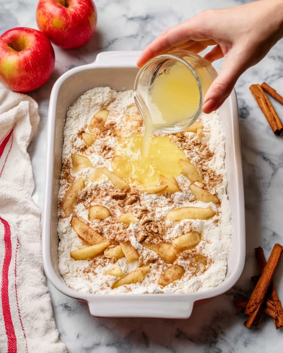 A white rectangular baking dish filled with a thick layer of white flour mixed with small brown cinnamon-coated apple slices scattered throughout. A woman's hand is pouring a pale yellow liquid, likely melted butter, from a small transparent glass cup onto the mixture. The dish is set on a white marbled surface, with two red apples and two cinnamon sticks placed nearby, adding warm colors to the scene. A white cloth with red stripes is partially visible near the bottom left corner of the image. photo taken with an iphone --ar 4:5 --v 7