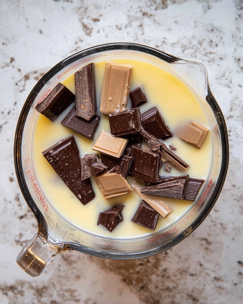A clear glass measuring cup filled with a layer of creamy yellow condensed milk at the bottom, with dark brown and light brown chocolate bars partially dipped and scattered on top, some of the chocolate pieces slightly covered in the milk while others stand above it, all placed on a white marbled surface. photo taken with an iphone --ar 4:5 --v 7