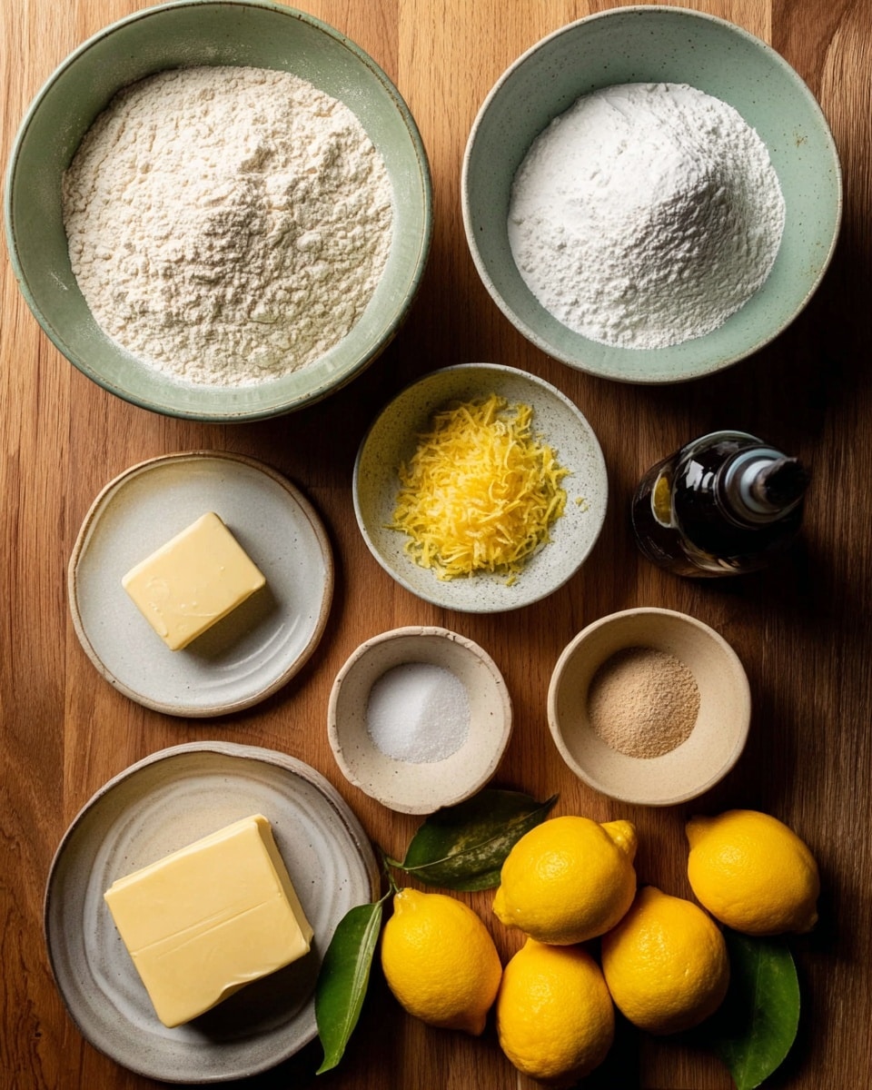The image shows several ingredients arranged on a wooden surface with a white marbled texture. There is a large light green bowl filled with flour on the top left and next to it, a similar bowl containing white sugar. Below the sugar bowl, there is a smaller light green bowl with yellow lemon zest. On the center left, a small plate holds a stick of butter with another smaller plate above it holding a smaller piece of butter. Nearby, a small beige bowl contains salt, and a small white bowl next to it holds a light brown powder. On the right side, there is a dark bottle. At the bottom, there are six whole yellow lemons and one lemon cut in half, showing its pale yellow interior. A green leaf is placed near the cut lemon. photo taken with an iphone --ar 4:5 --v 7