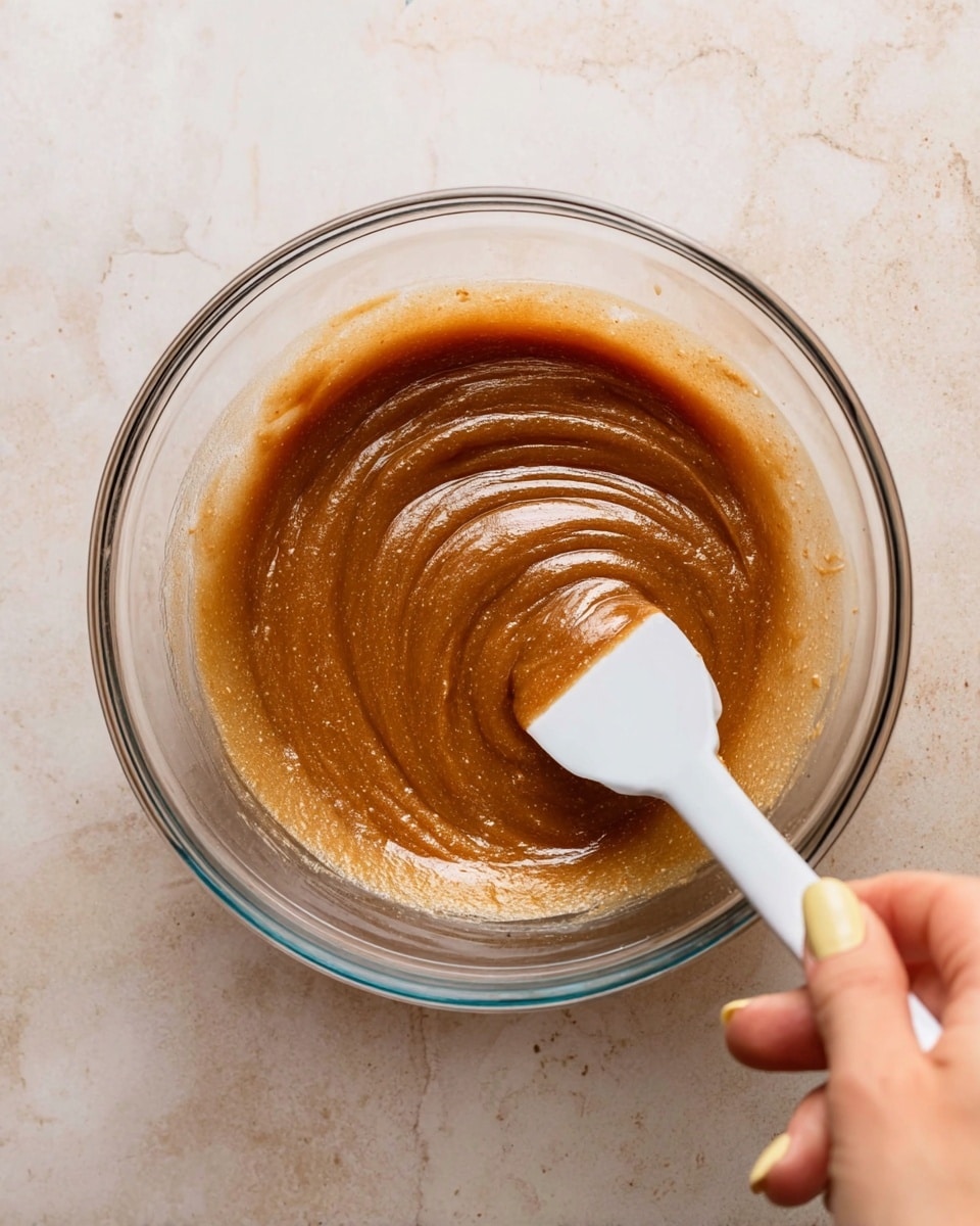 A clear glass bowl sits on a white marbled surface, filled with a thick, smooth brown mixture that has a slightly shiny texture. A white spatula is stirring the mixture gently, creating curved patterns on its surface. A woman's hand holds the handle of the spatula, showing soft skin and pale yellow nail polish. The image is taken from above, focusing closely on the bowl and the mixing action. photo taken with an iphone --ar 4:5 --v 7