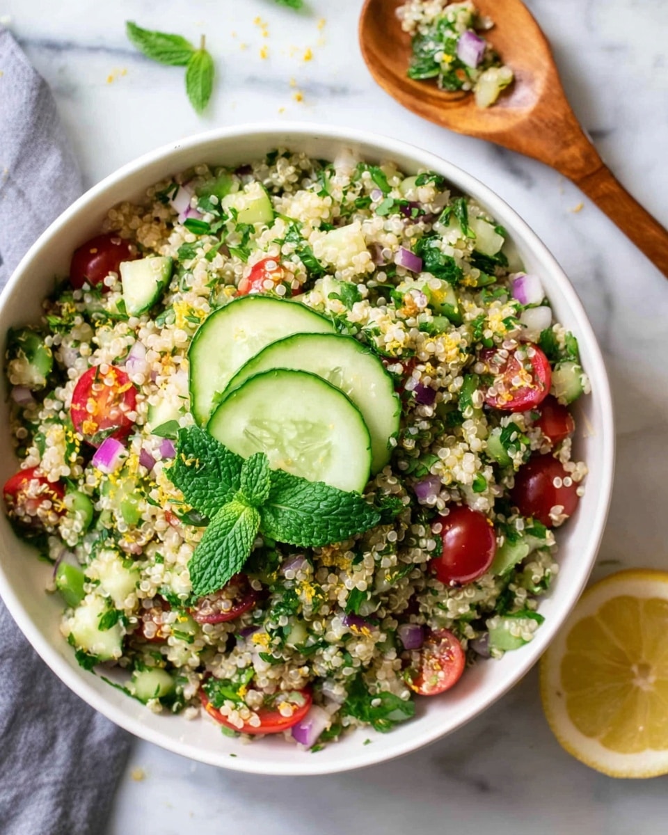 The dish is shown in a white bowl placed on a white marbled surface. It has seven visible layers arranged in a circle: a pile of light beige cooked quinoa at the bottom right, chopped bright green scallions and cucumber to the right, bright red cherry tomatoes cut in half at the top, finely chopped red onion to the left, and fresh chopped dark green herbs, likely parsley and mint, layered on the bottom left and middle left. In the middle of the bowl is a single slice of lemon resting on the herbs. The overall texture shows the softness of the quinoa, the crispness of the vegetables, and the fresh look of the herbs. The photo was taken with an iphone --ar 4:5 --v 7