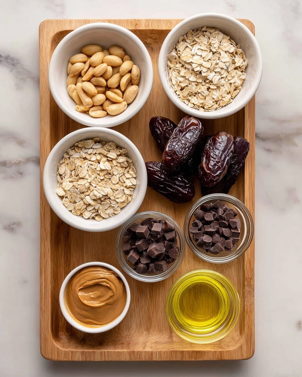 A wooden tray on a white marbled surface holds seven small bowls and containers arranged neatly. The top row has three bowls: the left bowl is white and filled with light brown roasted peanuts, the middle one is white and filled with pale rolled oats, and the right bowl is white and filled with dark brown Medjool dates. Below, a white small bowl with smooth light brown peanut butter sits on the left side, next to a clear glass bowl holding dark chocolate chips on the right. Between them are two small clear cups, the one on the left holding a golden vanilla liquid and the one on the right holding light yellow olive oil. Each ingredient is labeled with black tags in white text. photo taken with an iphone --ar 4:5 --v 7