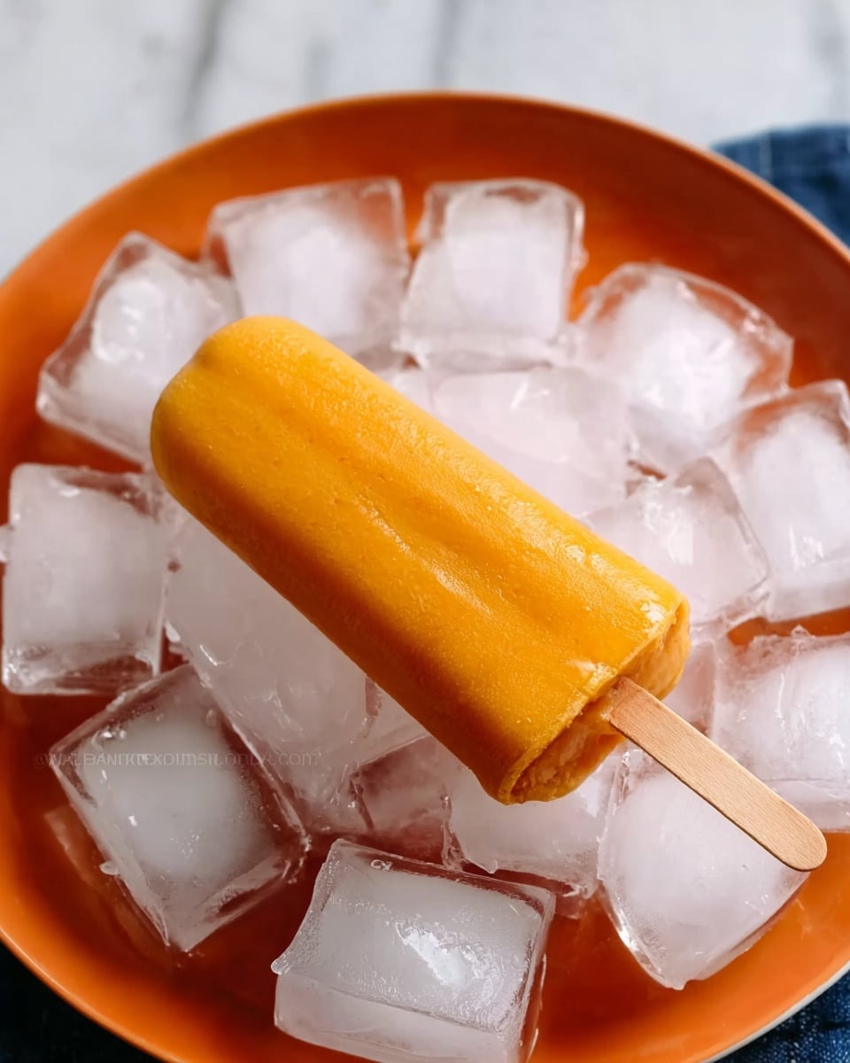 The image shows a bright orange-colored frozen dessert on a stick placed on a bed of clear ice cubes. The dessert is cylindrical with a smooth texture and slightly rounded top. It rests on a white plate, surrounded by multiple ice cubes that add a refreshing and chilled look. In the background, there is a blurred setting with warm colors, while the surface beneath the plate is a white marbled texture. A woman's hand is holding the stick at the top of the frozen treat. Photo taken with an iphone --ar 4:5 --v 7