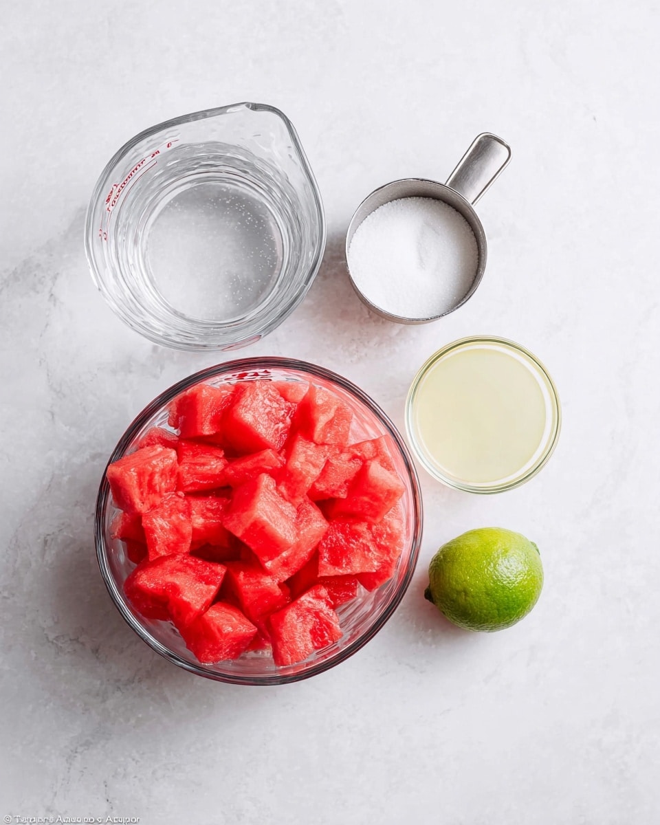 The image shows four clear glass containers on a white marbled surface. The largest container, at the bottom of the image, is filled with bright red watermelon chunks with a juicy and slightly wet texture. Above it to the left is a medium clear glass measuring cup with water inside, showing a smooth and reflective surface. To the right of the watermelon is a small clear glass cup holding a pale yellow liquid with a smooth texture. Above the small cup is a metal measuring cup filled with white granulated sugar, showing its fine texture. Finally, next to the small cup is a halved lime with a bright green rind and pale green inside, placed cut side up. photo taken with an iphone --ar 4:5 --v 7