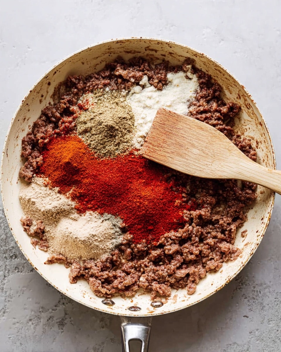 The image shows a white frying pan filled with cooked ground meat as the bottom layer. On top of the meat, several piles of spices are spread out in the center, including a large area of bright red powder, a smaller pile of light beige powder, and some medium brown powder. A wooden spatula rests inside the pan, partly covered with meat and positioned diagonally from the lower-left side to the center. The background is a white marbled surface. photo taken with an iphone --ar 4:5 --v 7