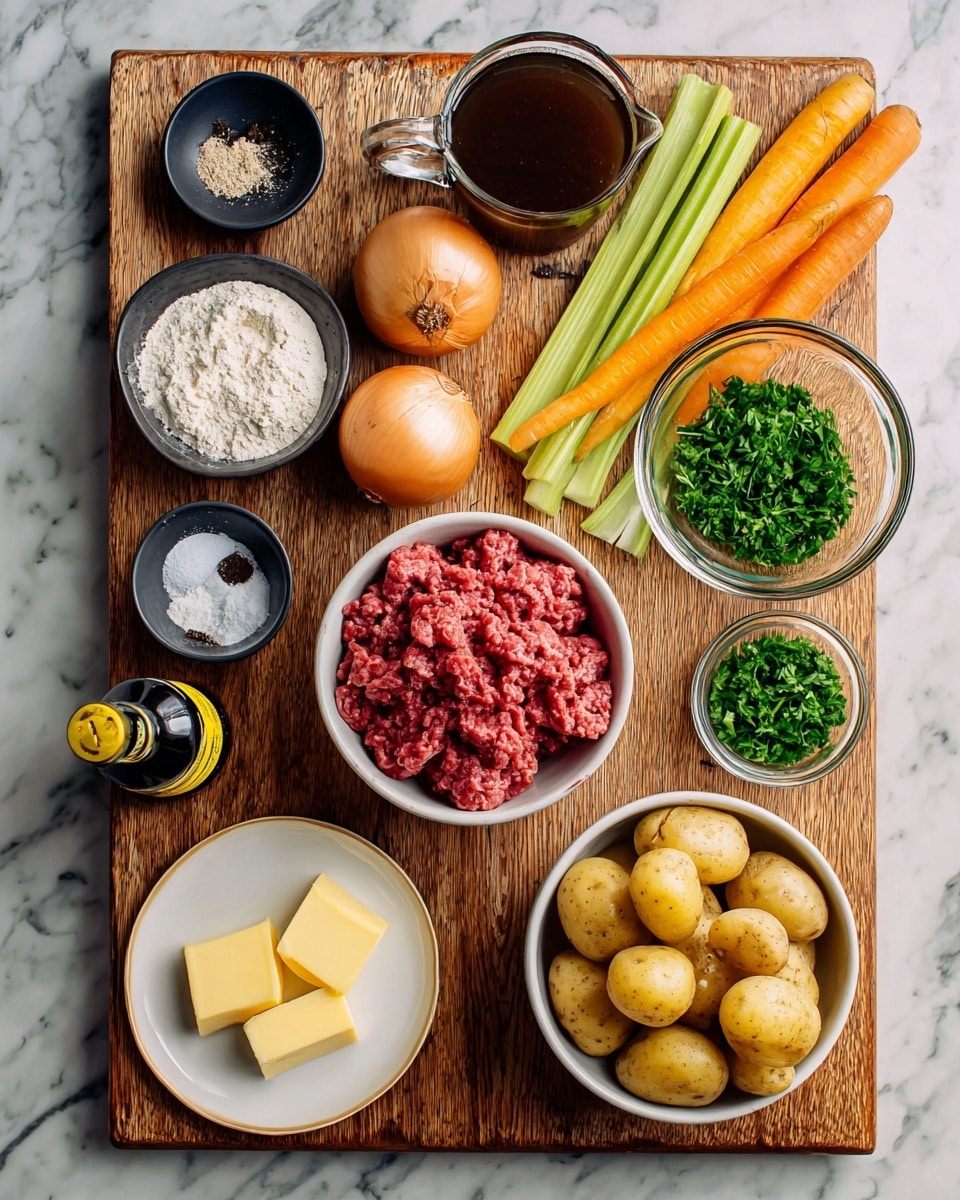 A wooden board is arranged with various ingredients for cooking. On the left side, there are small black bowls holding salt and pepper, and cornflour, along with a small white plate with two slices of yellow butter. Next to them is a glass jug filled with dark beef stock. In the center, a white bowl contains raw minced beef with a rich red color and a slightly crumbly texture. Above this, fresh vegetables are lined up: an onion with a pale brown skin, a bright green celery stalk, an orange carrot, and a small glass bowl full of chopped dark green parsley. To the right, a white bowl is filled with halved baby new potatoes that are light yellow inside. A bottle of dark Worcestershire sauce and a small oil bottle with a yellow cap are placed at the edges. The whole scene rests on a white marbled textured surface. photo taken with an iphone --ar 4:5 --v 7