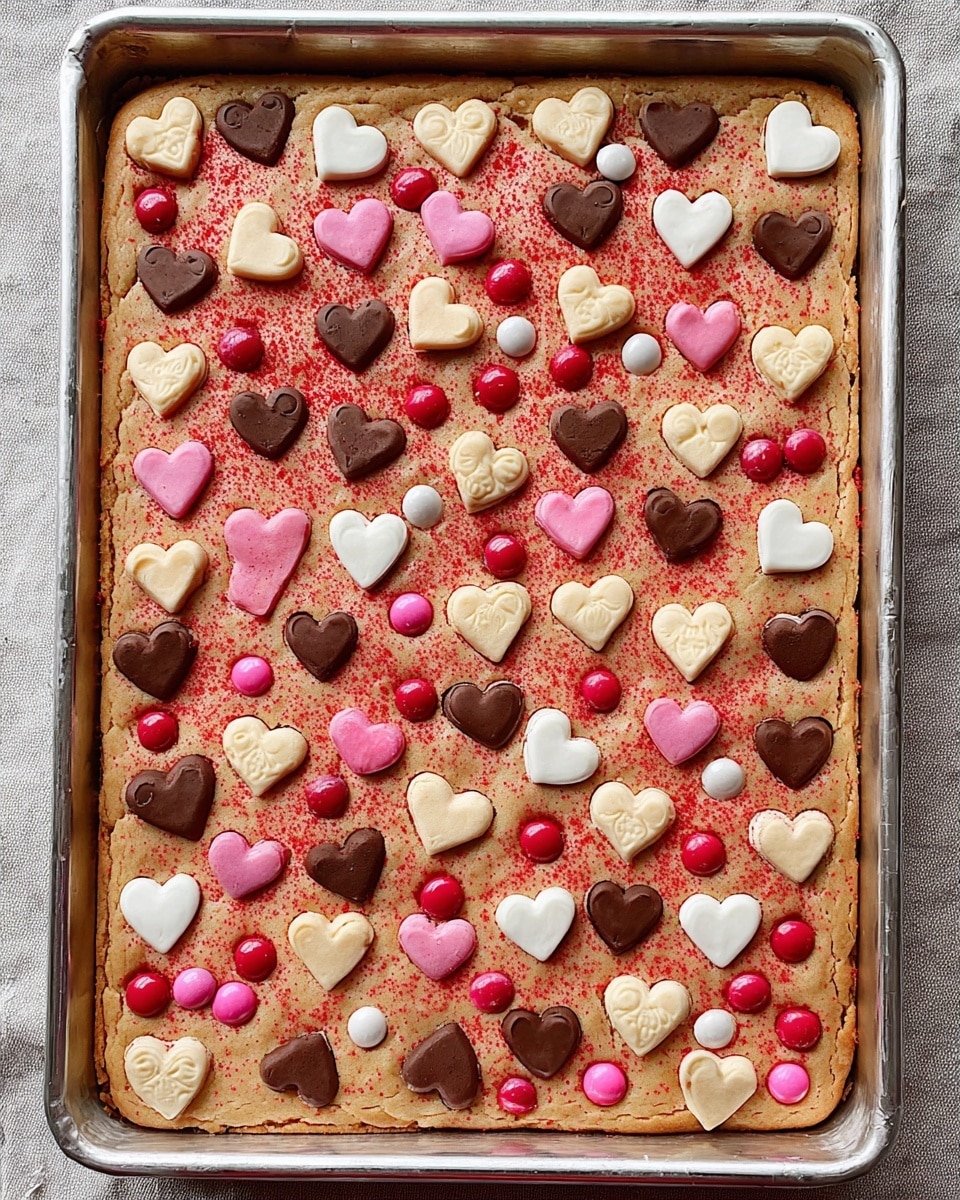 A large rectangular cookie bar in a metal baking tray, with a golden-brown base layer that looks soft and thick. The top is decorated with heart-shaped cookie pieces in two colors, light beige and chocolate brown, spread evenly, along with round candy pieces in red, pink, and white scattered all over. The surface of the cookie has a light red sprinkle dusting giving it a festive look. The edges of the cookie bar are slightly raised and browned. The photo was taken with an iphone --ar 4:5 --v 7