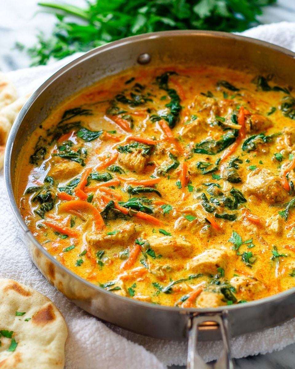 A close-up of a shiny metal pan filled with a creamy orange sauce dish, with visible pieces of light golden chicken and small shredded orange carrots mixed throughout. Bright green leafy herbs like cilantro and spinach are scattered on top, adding contrast to the sauce. The pan sits on a white cloth with a piece of pale pita bread next to it. In the background, some green herbs rest on a white marbled surface. The image is bright and colorful, showing the dish with a rich and textured look photo taken with an iphone --ar 4:5 --v 7