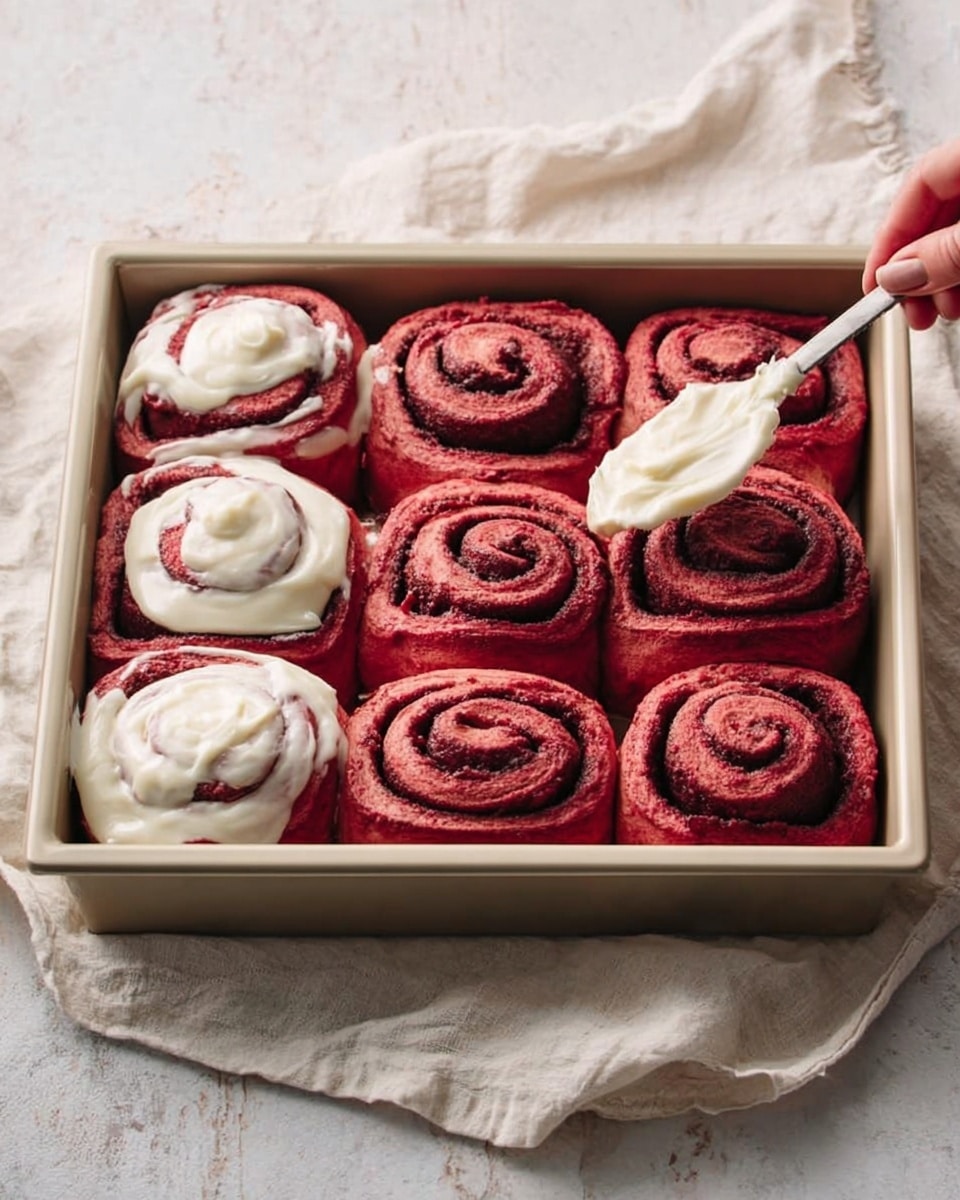 A rectangular baking pan filled with twelve red cinnamon rolls arranged in four rows of three. The rolls are tightly spiraled with visible layers of red dough and darker red filling. On the left side, three of the rolls are being topped with thick white icing, with a woman's hand holding a spoon to spread it smoothly. The pan sits on a light cloth with a white marbled textured surface underneath. photo taken with an iphone --ar 4:5 --v 7