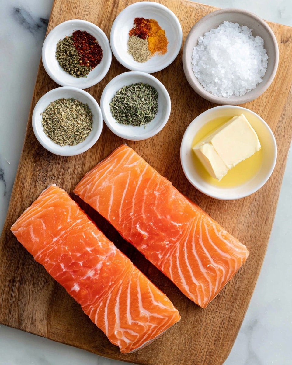 The image shows two fresh pieces of bright orange salmon with white lines on a wooden board. Above the salmon, there are three small white bowls. The first bowl at the top left has six sections with spices in different colors: black pepper in dark brown/black, paprika in red, garlic powder in light beige, oregano in green, thyme in green, and onion powder in pale yellow. Next to it on the right is a bowl filled with pale yellow butter or oil. Above that bowl is a small white bowl filled with white salt. The background is a white marbled surface. photo taken with an iphone --ar 4:5 --v 7