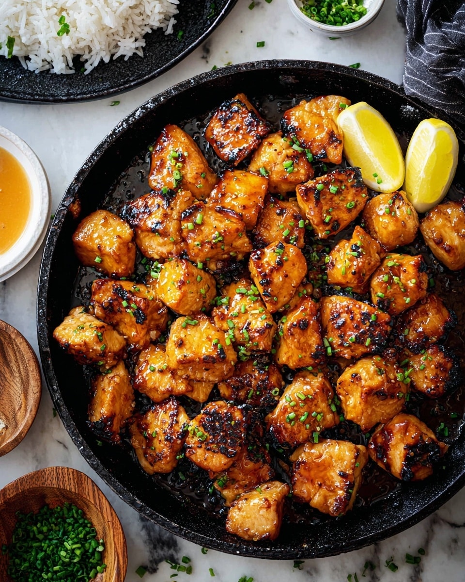 The image shows a black round plate filled with many small golden-brown grilled chicken cubes, some with charred edges, covered lightly in a shiny sauce with small green chopped herbs sprinkled on top. There are two lemon wedges on the side of the plate. In the background, there is a small white bowl filled with creamy orange dipping sauce with bits of red pepper. The plate is placed on a white marbled surface with a beige cloth napkin partially visible at the bottom right corner. Photo taken with an iphone --ar 4:5 --v 7