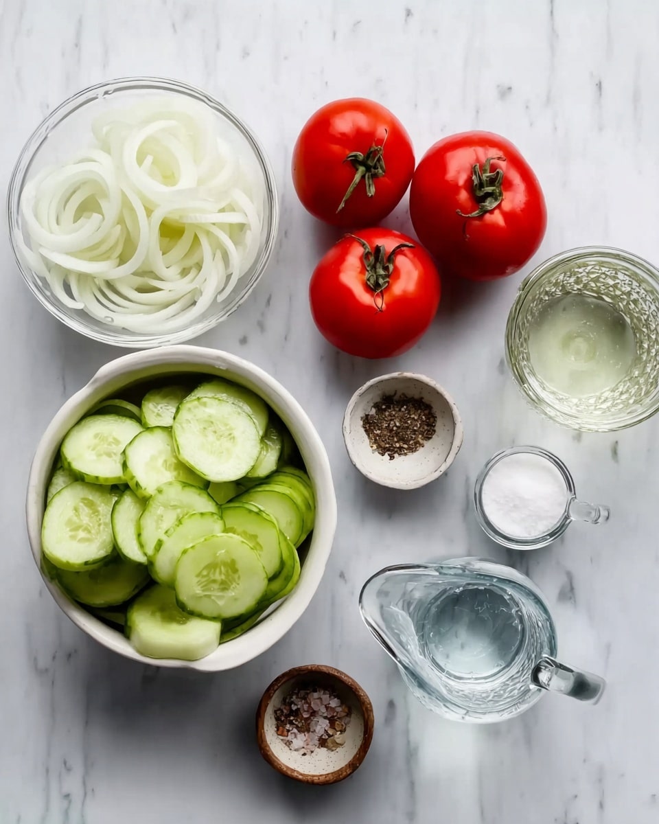The image shows several fresh ingredients arranged on a white marbled surface. There is a white bowl filled with light green cucumber slices, a white bowl with white onion rings, three bright red tomatoes still on the vine, a clear glass of water, a small white scoop of sugar, a small bowl of coarse black pepper, a small bowl of salt, a glass container of clear vinegar, and a glass jug filled with water. All items are clean and neatly placed, giving a fresh, simple, and organized feel. Photo taken with an iphone --ar 4:5 --v 7