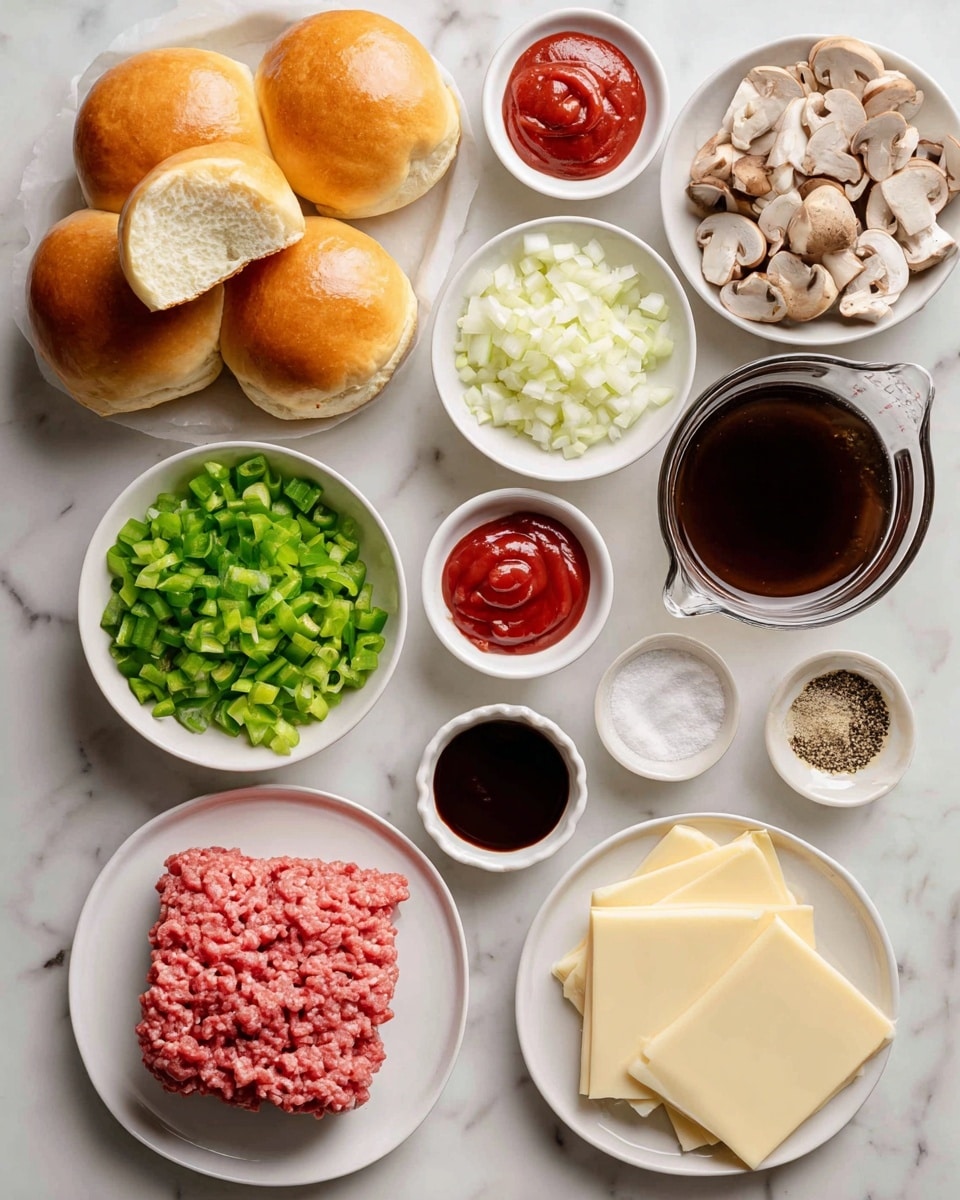 The image shows an organized arrangement of ingredients on a white marbled surface. There are five golden brown brioche rolls, one opened to show the soft, light yellow inside. In bowls around the rolls, there are chopped green bell peppers, sliced baby bella mushrooms with light brown caps and white stems, diced white onions, and finely minced garlic. A square mound of bright pink lean ground beef sits on a white plate. There are several small white bowls holding ketchup (bright red), salt and pepper mix (white and black specks), arrowroot powder (white), and dark brown Worcestershire sauce in a small white cup. Nearby lies a white plate with round slices of creamy pale yellow provolone cheese. A glass measuring cup holds dark brown beef broth. photo taken with an iphone --ar 4:5 --v 7