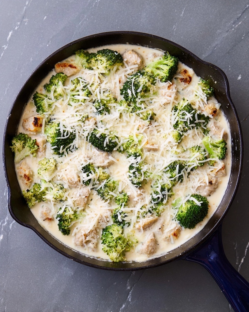 A round black cast iron pan filled with a creamy white sauce base, topped with small green broccoli florets and light beige cooked meat pieces spread evenly across the surface. There is a sprinkling of shredded white cheese scattered on top, slightly melting into the dish. The dish sits on a white marbled surface, and the pan handle extends to the right in a deep blue color. photo taken with an iphone --ar 4:5 --v 7