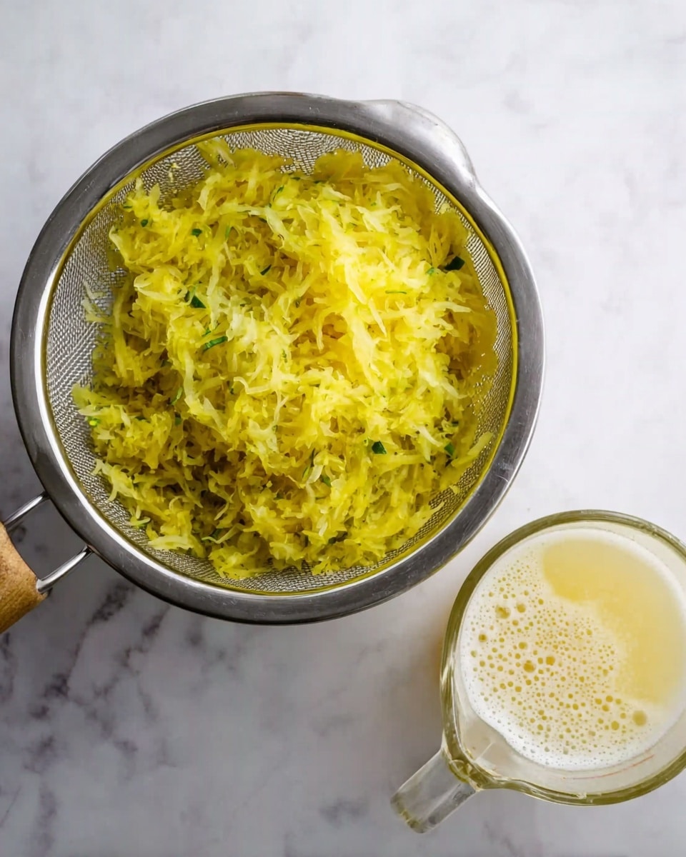 A metal strainer filled with shredded yellow squash mixed with some green bits, resting on a white marbled surface. To the right, a clear glass measuring cup contains a pale yellow frothy liquid, also placed on the white marbled surface. The scene is well-lit, showing the texture of the squash and the foam on the liquid clearly. photo taken with an iphone --ar 4:5 --v 7
