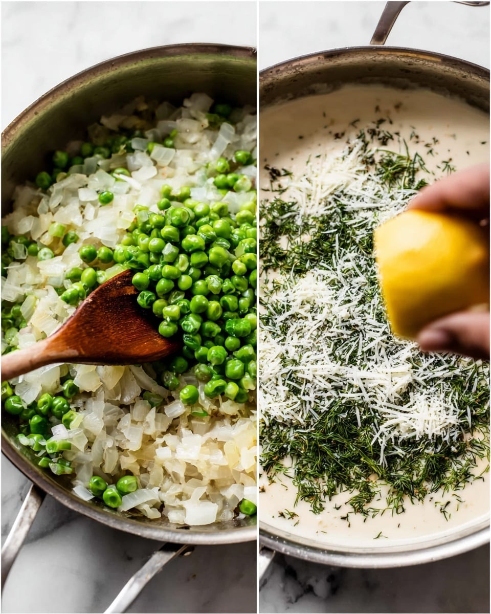 The image shows two cooking pans side by side on a white marbled surface. The left pan contains three layers of food: a bottom layer of sautéed small chopped white onions, a middle layer of bright green peas, and a top layer of diced celery, all mixed together with a brown wooden spatula. The right pan shows a creamy white sauce base with grated white cheese and fresh green herbs like chopped parsley and dried dill spread on the surface, while a woman's hand squeezes half a lemon over the mixture, adding a bright yellow color in the top area. photo taken with an iphone --ar 4:5 --v 7