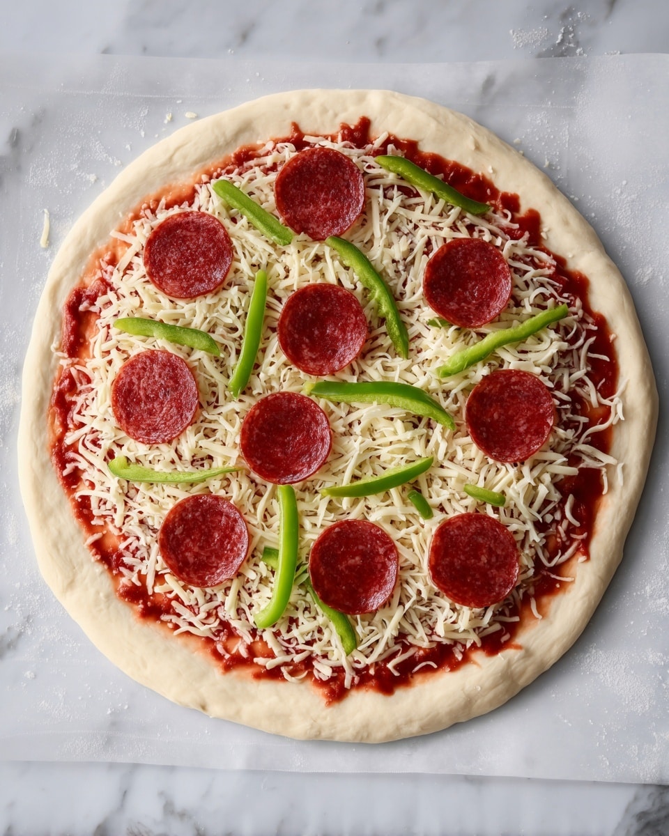 A round pizza dough base with a rim of soft, slightly thick pale beige crust is spread with a layer of bright red tomato sauce visible near the edges. On top of the sauce is a layer of shredded white cheese, loosely covering the pizza evenly except the edges. Scattered on the cheese are thin, round slices of dark red pepperoni and thin strips of green bell pepper placed in a balanced way across the pizza. The pizza sits on white parchment paper over a white marbled surface. photo taken with an iphone --ar 4:5 --v 7