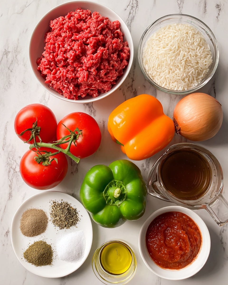 The image shows various raw ingredients placed on a white marbled surface. In the top left, there is a white bowl with bright red ground beef. Below it, a clear measuring cup holds white jasmine rice. To the right of the beef, a clear glass measuring cup is filled with dark brown beef stock. Near the center, there is a round, light brown onion and two bell peppers, one green and the other orange, placed next to each other. Below them, three bright red tomatoes still attached to their green vine lie side by side. A small white bowl holds thick red tomato paste located near the bottom right. Near the bottom left, a white plate contains four sections of different spices: dried oregano, garlic powder, black pepper, and light pink salt. Between the bell peppers and spices, a small clear cup contains yellow oil. The whole setup is neatly arranged with bright natural light, photo taken with an iphone --ar 4:5 --v 7