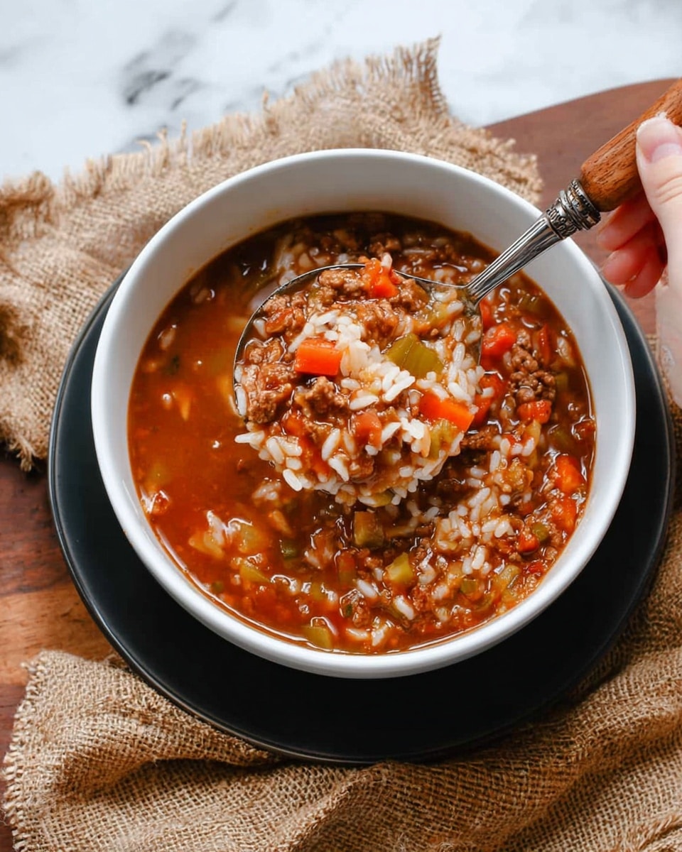A white bowl filled with thick stew that has three visible layers: a brownish-red broth with small pieces of carrot, celery, and ground meat, mixed with white rice grains. A silver ladle with a wooden handle scoops the stew, held by a woman's hand. The bowl sits on a black plate layered with a tan burlap cloth on a white marbled surface. Photo taken with an iphone --ar 4:5 --v 7
