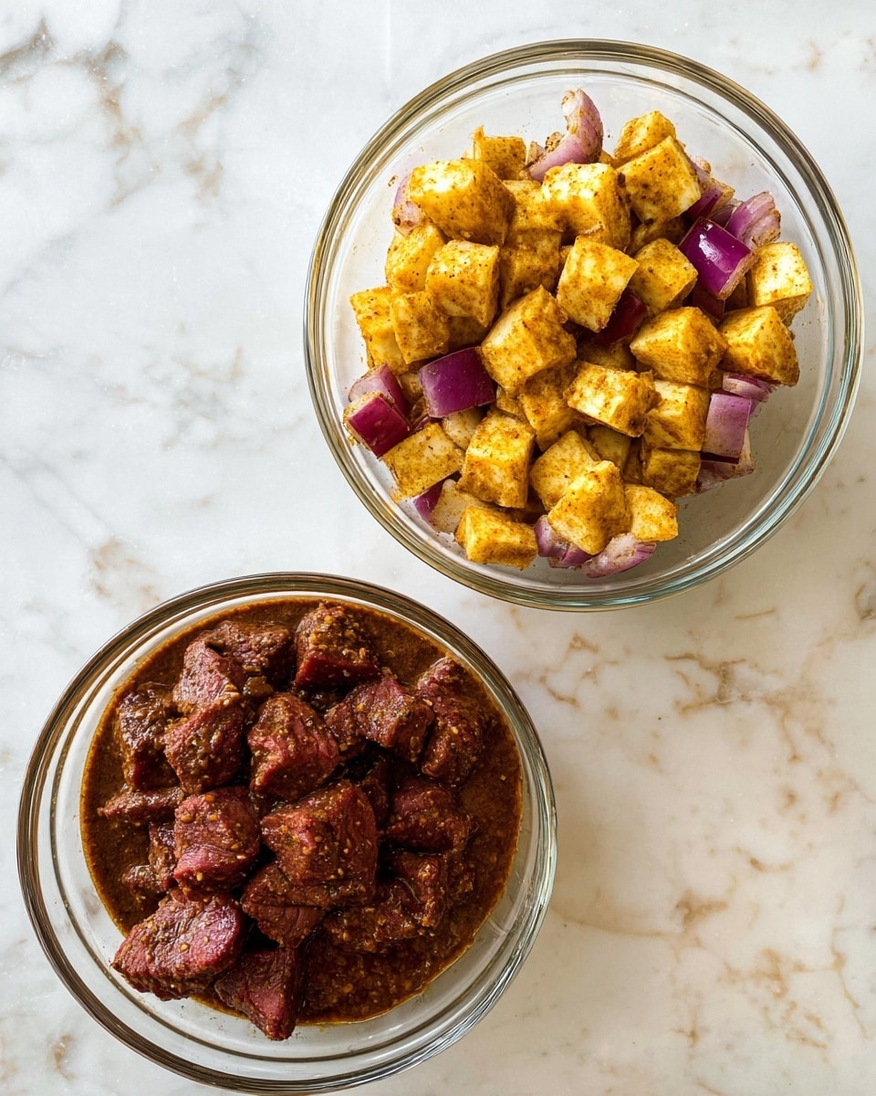 The image shows two clear glass bowls on a white marbled surface. The top bowl contains a mix of yellowish-brown cubed pieces with a slightly rough texture, possibly marinated, mixed with deep purple onion chunks, creating contrast in color and texture. The bottom bowl holds dark reddish-brown meat chunks covered in a thick, brown sauce, with visible spices giving a coarse texture on the meat. The two bowls are spaced apart, highlighting the different ingredients and textures. photo taken with an iphone --ar 4:5 --v 7