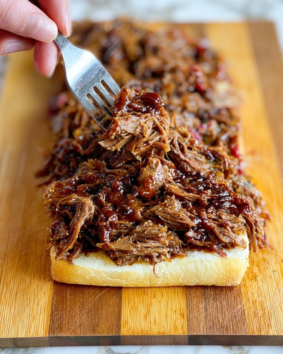 The image shows a close-up of a rectangular sandwich with two main layers. The bottom layer is a thick slice of white bread with a soft texture. On top of the bread, there is a thick, uneven layer of shredded, juicy, dark brown meat with some reddish parts, giving it a rich and glossy look. A woman's hand holds a metal fork that is lifting some of the shredded meat, showing its fibrous texture clearly. The sandwich rests on a white marbled surface with a wooden cutting board partially visible underneath. photo taken with an iphone --ar 4:5 --v 7
