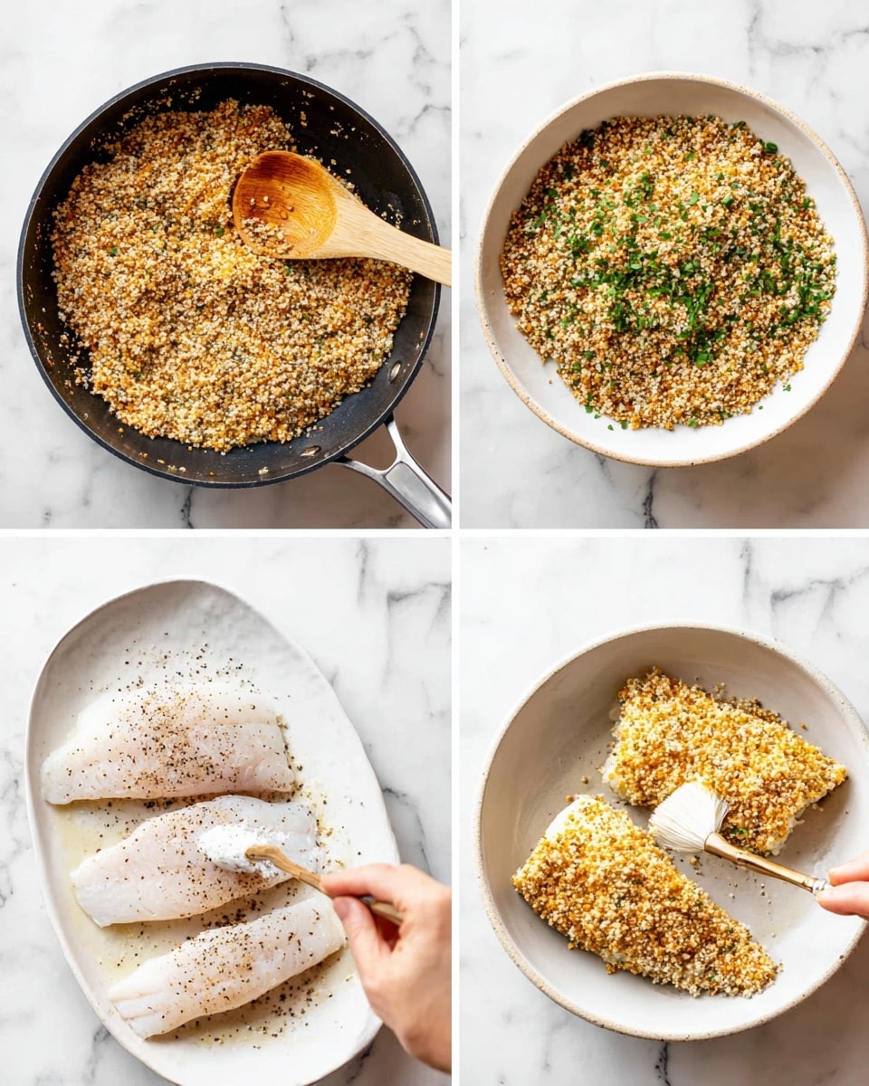 The image shows four steps in preparing a breaded fish dish, arranged in a grid over a white marbled surface. The top left part has a black pan filled with golden toasted crumbs being stirred by a wooden spoon, showing a mix of light brown and beige textures. The top right part features a white bowl filled with the toasted crumb mix, sprinkled with chopped green herbs on top. The bottom left part shows a white oval plate with raw fish fillets lightly seasoned with black specks, and a woman's hand brushing a white sauce or marinade over one piece of fish. The bottom right part displays the same white bowl of breadcrumb mix with two fish fillets coated fully with the crumb mixture, the crumbs golden and mixed with green herbs. Photo taken with an iphone --ar 4:5 --v 7