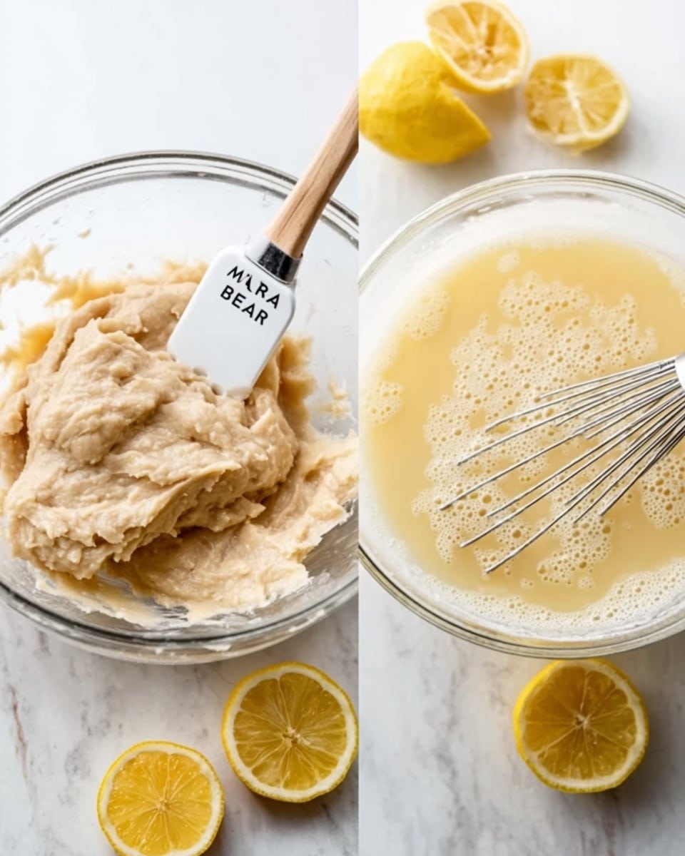 The image shows two clear glass bowls side by side on a white marbled surface. The bowl on the left contains a thick, pale beige dough with a soft and dense texture, being mixed by a white spatula with a wooden handle labeled