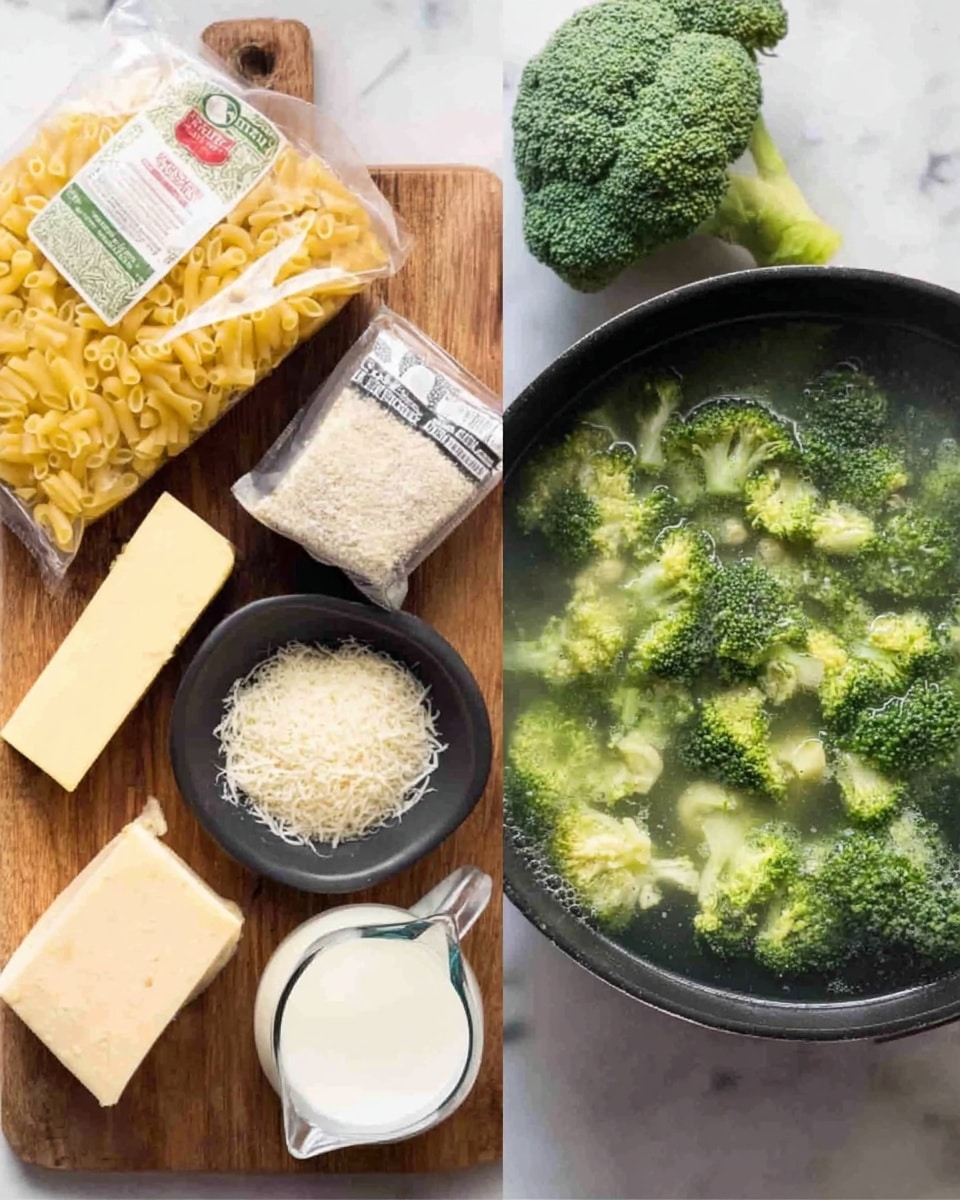The image shows two parts: on the left, a wooden board holds cooking ingredients including a packet of yellow macaroni pasta in the top left, a green broccoli head in the top center, a stick of light yellow butter next to it, a black bowl filled with white breadcrumbs, a small package of light cheese, a chunk of harder cheese, a black bowl with white flour, and a glass measuring cup filled with milk at the bottom right. On the right side, a black pan is filled with boiling water and bright green broccoli pieces floating and cooking inside. The whole scene is set on a white marbled surface. Photo taken with an iphone --ar 4:5 --v 7
