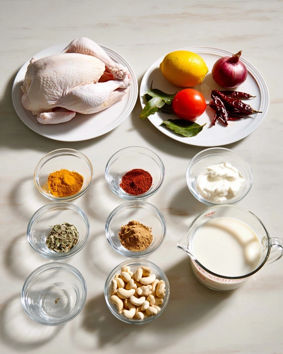 The image shows a white plate with a whole raw chicken in the top left, and another white plate on the top right with a lemon, a red onion, two tomatoes, ginger, dried red chilies, and some green leaves all arranged neatly. Below the plates, there are eight small clear glass bowls and one measuring cup arranged in a row. The bowls contain different spices and ingredients: the first bowl has a yellow spice, the second has a brown spice, the third has red powder, the fourth has dried green herbs, the fifth has white creamy yogurt, and the sixth holds cashew nuts. At the far right is a clear glass measuring cup filled with white liquid, likely milk. The setting is on a white marbled surface. Photo taken with an iphone --ar 4:5 --v 7