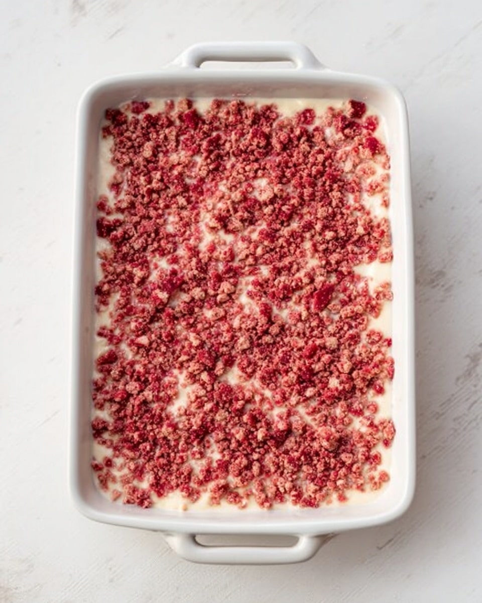 A white rectangular baking dish with handles is filled with a layered dessert. The bottom layer appears creamy and light-colored, covered fully by a crumbly topping made of small, rough pieces that are dark pink to reddish in color. The crumbs have an uneven texture, scattered all over the top in close clusters. The dish is placed on a white marbled surface, showing a clean and bright setting. photo taken with an iphone --ar 4:5 --v 7