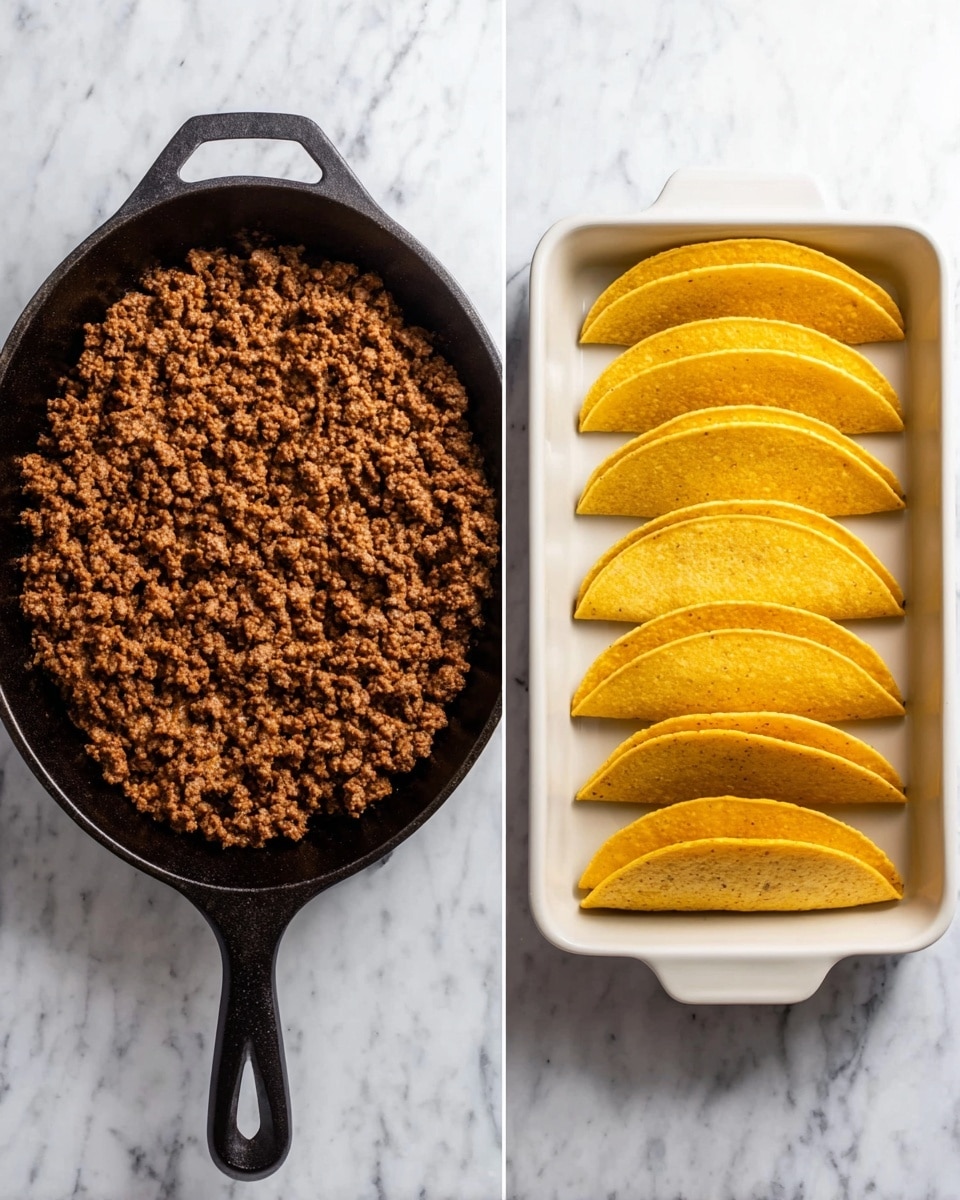 The image shows two scenes side by side on a white marbled surface. On the left, a black cast iron skillet filled with cooked ground beef that is brown and crumbly, evenly spread inside the pan. On the right, a white rectangular baking dish contains eight hard taco shells arranged upright in two rows of four, their yellow color and crispy texture clearly visible. Photo taken with an iphone --ar 4:5 --v 7