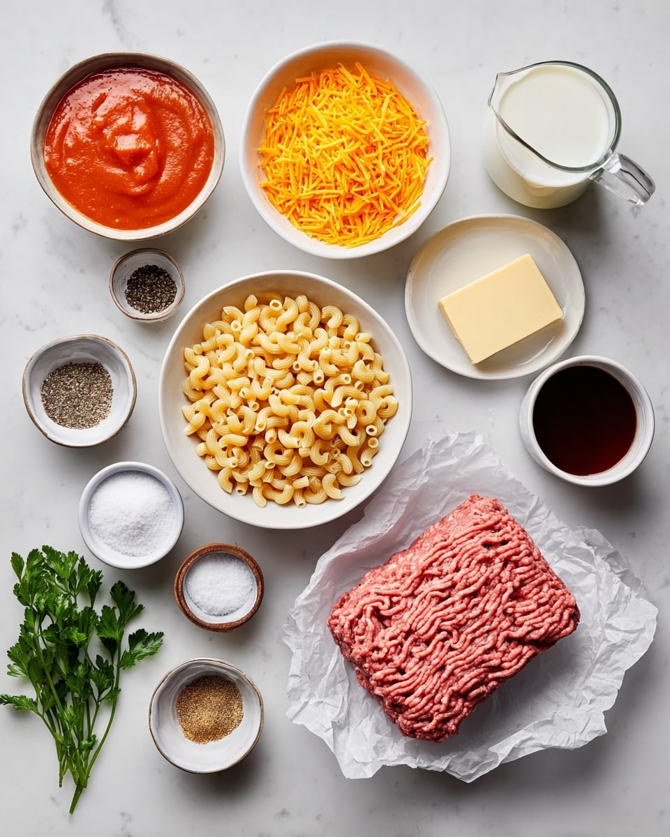 The image shows a flat lay of ingredients on a white marbled surface, arranged in a neat grid. At the center right is a rectangular block of raw ground meat resting on crumpled white paper. To its left is a white bowl filled with dry elbow macaroni, and above that is a white bowl with shredded orange cheese. Above the cheese is a small white bowl holding a block of butter, while to the left of the cheese is a white bowl with bright red tomato sauce and a small dish with beige seasoning. Fresh green parsley lies to the far left. Below the macaroni are small white and brown bowls with black pepper, salt, and flour. To the right of the meat, there are small white and brown bowls containing ground spices and salt, and a cup filled with dark brown liquid next to a clear pitcher filled with white milk. All bowls and dishes are white, and the whole scene is evenly lit to show vibrant colors and textures photo taken with an iphone --ar 4:5 --v 7