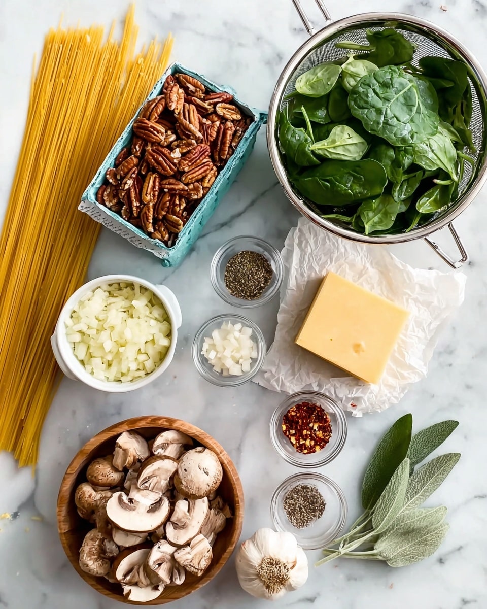 The image shows cooking ingredients laid out on a white marbled surface. There is a bunch of uncooked spaghetti pasta on the left side, next to a box of pecans that is open and filled with nuts. Above the pasta, a silver colander holds fresh green spinach leaves. To the right of the colander, there is a block of yellow cheese on crumpled white paper. Below the cheese, fresh green sage leaves are placed next to small white bowls containing diced onions and black pepper. A wooden bowl filled with sliced brown mushrooms is positioned below the nuts. Small clear glass bowls hold red pepper flakes, coarse salt, and garlic cloves. A bulb of garlic is placed near the lower right corner of the image. photo taken with an iphone --ar 4:5 --v 7