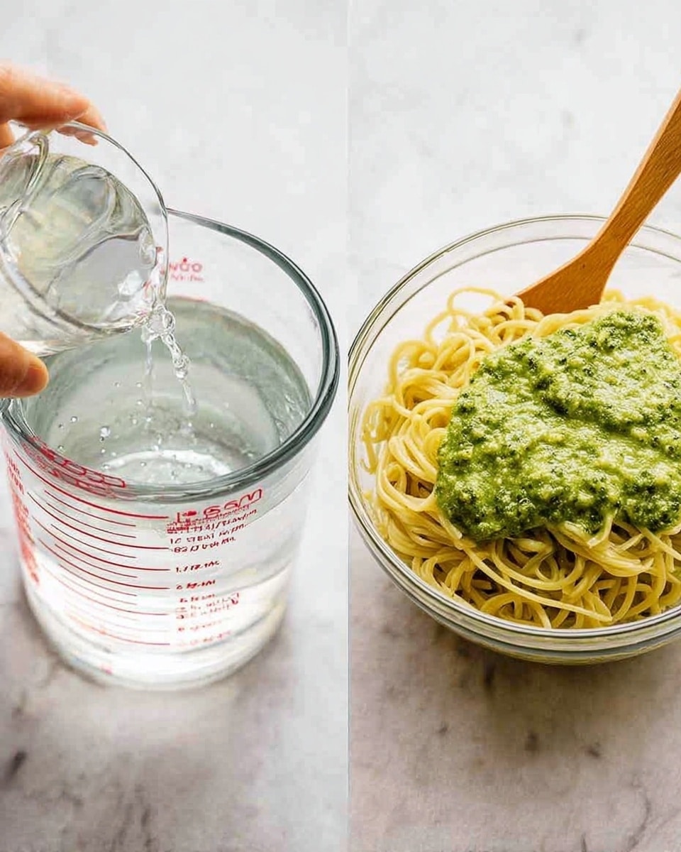 The image shows two close-up views side by side on a white marbled surface. On the left, there is a clear glass measuring cup filled with clear water, showing red measurement markings with the water level at 1 cup. On the right, there is a clear glass bowl filled with cooked spaghetti noodles, topped with a bright green pesto sauce with a textured, slightly chunky appearance. A woman's hand is pouring clear liquid from the glass measuring cup into the bowl while a wooden spoon rests inside it, partially submerged in the noodles and pesto. The overall colors are light and natural with a clean, fresh look. photo taken with an iphone --ar 4:5 --v 7