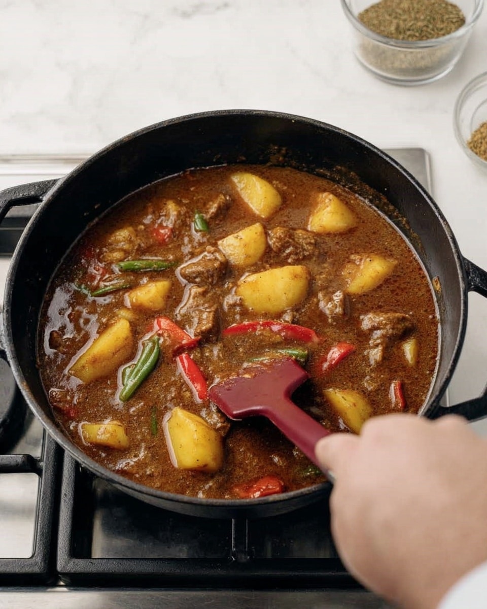 A close-up view of a black cast iron pot filled with a thick brown stew containing visible pieces of yellow potatoes, red peppers, and green beans. The stew's surface has a glossy, rich texture with chunks of tender meat and vegetables evenly mixed throughout. A woman's hand is holding a dark red spatula stiring the stew gently, creating small ripples on the surface. The pot sits on a shiny stove burner with a background of white marbled texture, adding a clean and bright contrast to the dark pot and rich stew. Nearby, there is a clear container with some spices visible. photo taken with an iphone --ar 4:5 --v 7