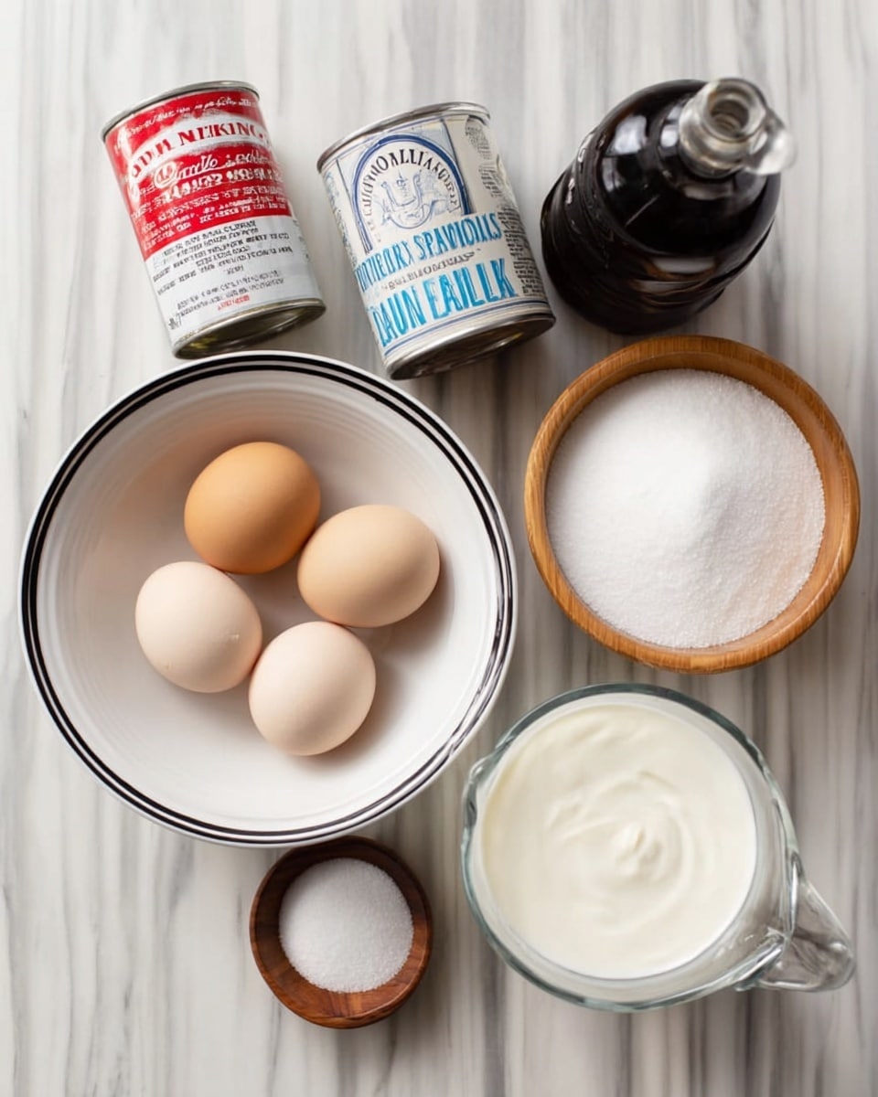 The image shows six eggs in a white bowl with thin black rings around its edge, a can of sweetened condensed milk, a can of evaporated milk, a dark glass bottle of vanilla extract, a small wooden bowl with salt, a white bowl filled with white granulated sugar, and a glass measuring cup filled with white cream, all placed on a white marbled surface. The items are spread out evenly in a flat layout. Photo taken with an iphone --ar 4:5 --v 7