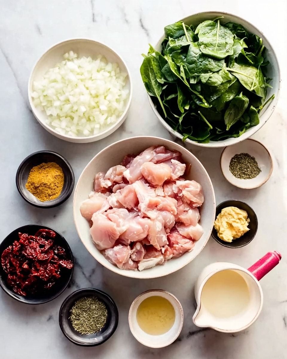 The image shows nine bowls with different ingredients arranged on a white marbled surface. The largest bowl in the center holds pale pink, raw chicken pieces. To the top right, a large white bowl is filled with vibrant green spinach leaves. To the top left, a medium white bowl contains chopped white onions. Below it, a smaller white bowl holds deep red sun-dried tomatoes. Around the chicken bowl, there are five small black bowls with various seasonings and pastes: a golden yellow powder, dried herbs, a grated light yellow paste, creamy yellow paste, and a small bowl of light yellow liquid. On the bottom right, a pale bowl with a pink handle contains a thick white liquid. The layout is neat and brightly lit, emphasizing the colors and textures of the ingredients. Photo taken with an iphone --ar 4:5 --v 7