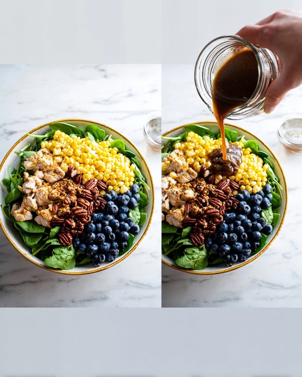 A white bowl with a golden rim sits on a white marbled surface, filled with layers arranged in sections. The base is made of fresh green leafy spinach and other greens covering the entire bottom. On top of the greens, there are four main layers: bright yellow cooked corn with small brown seasoning bits, chopped light brown cooked chicken pieces, large dark brown pecans, and a cluster of fresh dark blue blueberries. In the second image, a woman's hand pours a dark brown dressing from a clear glass container over the corn layer. Next to the bowl, on the marbled surface, is a small clear glass bowl filled with the same dark brown dressing. Photo taken with an iphone --ar 4:5 --v 7