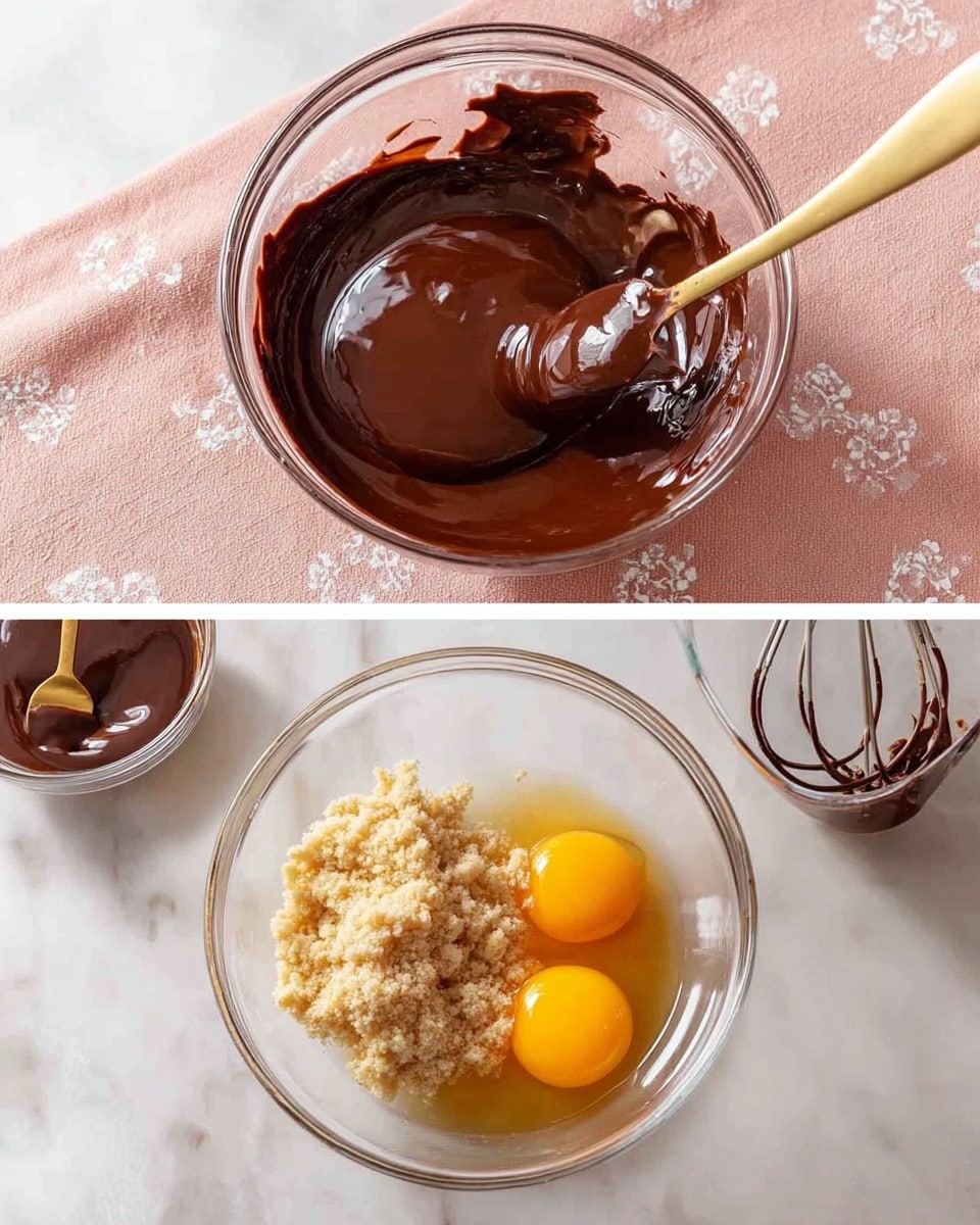 The image shows two side-by-side photos. The first photo has a clear glass bowl filled with smooth, shiny, dark brown chocolate mixture with a gold spoon stirring it. The bowl sits on a soft light pink cloth with white patterns, on a white marbled surface. The second photo shows a clear glass bowl containing two whole raw yellow egg yolks, light beige crumbly mix, and a small amount of clear liquid. Next to it is a hand mixer with silver beaters mixing the ingredients. There is also a small clear bowl with some chocolate mixture and a gold spoon in the background, all on the same soft light pink cloth and white marbled surface. photo taken with an iphone --ar 4:5 --v 7