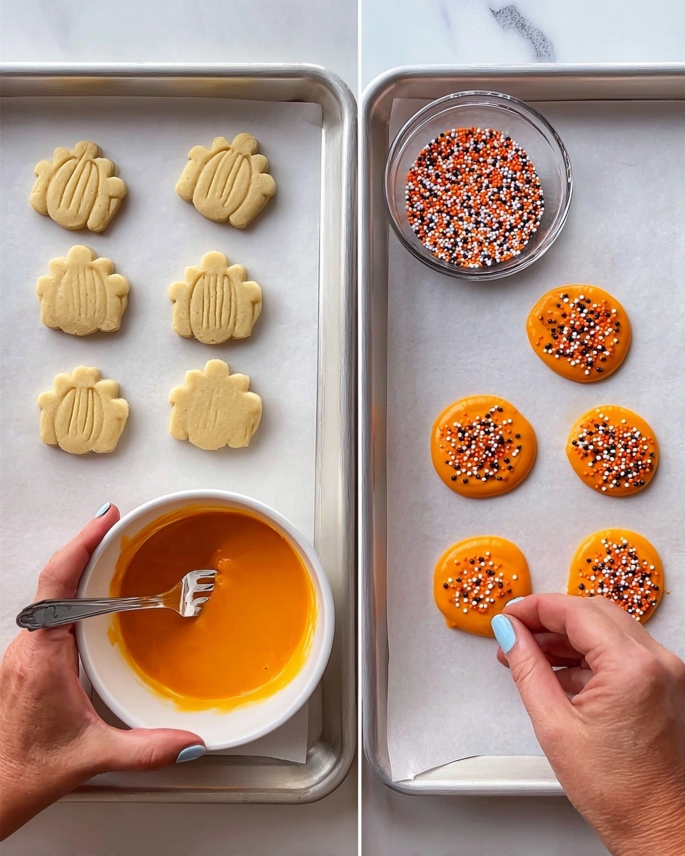 The image shows two white trays on a white marbled surface, each with baking paper on top. On the left tray, there are seven unbaked beige cookie shapes arranged in two rows. A woman's hand with light blue nail polish holds a white bowl containing bright orange melted coating and a fork dipped into it. Next to the bowl is a small clear glass bowl filled with Halloween-themed orange, white, and black round sprinkles. On the right tray, five of the cookies are dipped partially or fully in the orange coating, some sprinkled with the colorful sprinkles. A woman's hand is decorating the cookies by placing the sprinkles on the coated ones. Photo taken with an iphone --ar 4:5 --v 7