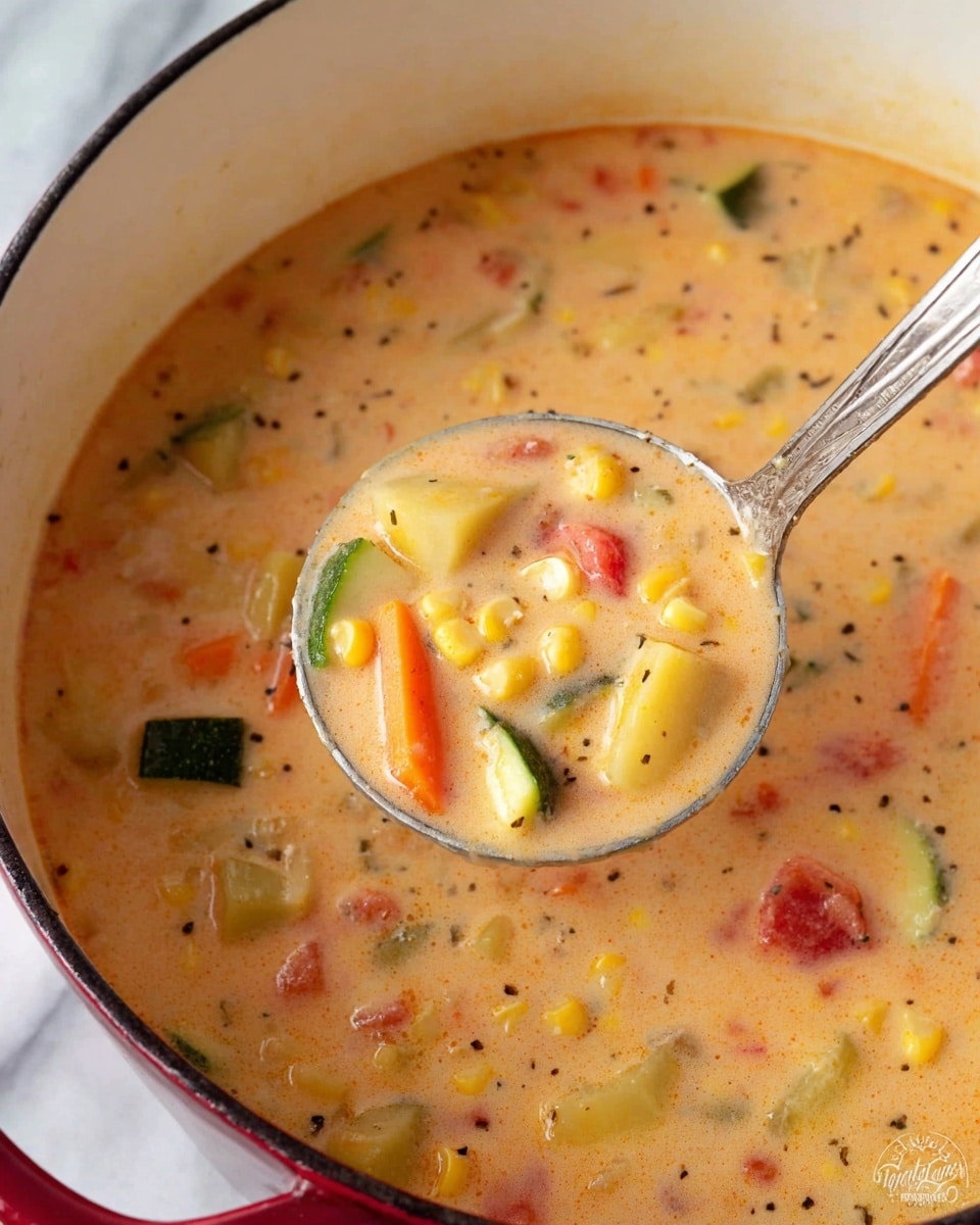 A close-up view of a pot filled with creamy soup showing many colorful vegetable pieces in a thick, light orange broth. The soup has three main layers visible: the creamy liquid base with small black seasoning dots all over, floating on top are chunks of yellow corn, orange carrot slices, green zucchini chunks, and small pieces of red tomato, all mixed evenly. A silver ladle is scooping some of the soup, filled with the same colorful vegetable mix. The pot is white with a red handle, and the background is a white marbled texture photo taken with an iphone --ar 4:5 --v 7