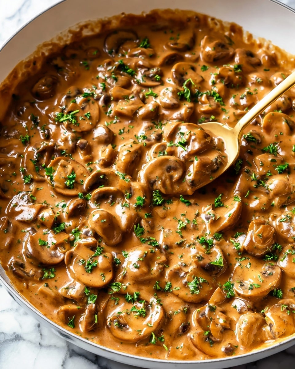 A close-up view of a white pan filled with a rich, creamy mushroom sauce that covers the entire surface. The sauce is a warm brown color with a glossy, smooth texture, mixed with tender, sliced mushrooms that vary from light to dark brown, creating depth. Small green parsley pieces are sprinkled evenly on top, adding a fresh contrast. A gold spoon is partially dipped into the sauce, lifting a portion of the thick, saucy mushrooms. The pan sits on a white marbled textured surface. photo taken with an iphone --ar 4:5 --v 7