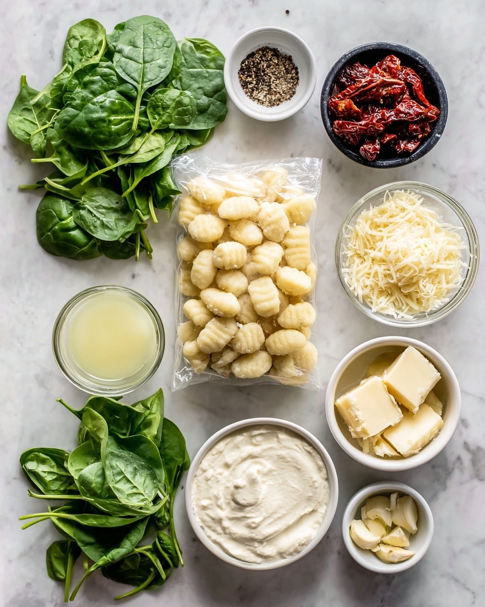 The image shows a white marbled surface with fresh ingredients spread out neatly. At the center is a clear plastic bag filled with small, pale yellow gnocchi pieces. To the left, there is a bunch of green baby spinach leaves with a single loose leaf nearby. Above the spinach is a small black bowl holding a mix of salt and peppercorns. Above the gnocchi on the right side, a small white bowl contains dark red sun-dried tomatoes with a glossy texture. Below this is another small white bowl filled with thick, creamy white cream. Below the cream, there’s a larger white bowl with grated Parmesan cheese, showing a soft, fine texture. Near the bottom center, there are two small white bowls, one holding a chunk of creamy butter and the other holding minced garlic with a soft, slightly chunky texture. To the left of these bowls is a small glass container with light yellow broth. A small bunch of fresh green basil leaves is placed near the Parmesan bowl, labeled as optional garnish. Everything is arranged clearly and evenly spaced on the white marbled background. Photo taken with an iphone --ar 4:5 --v 7