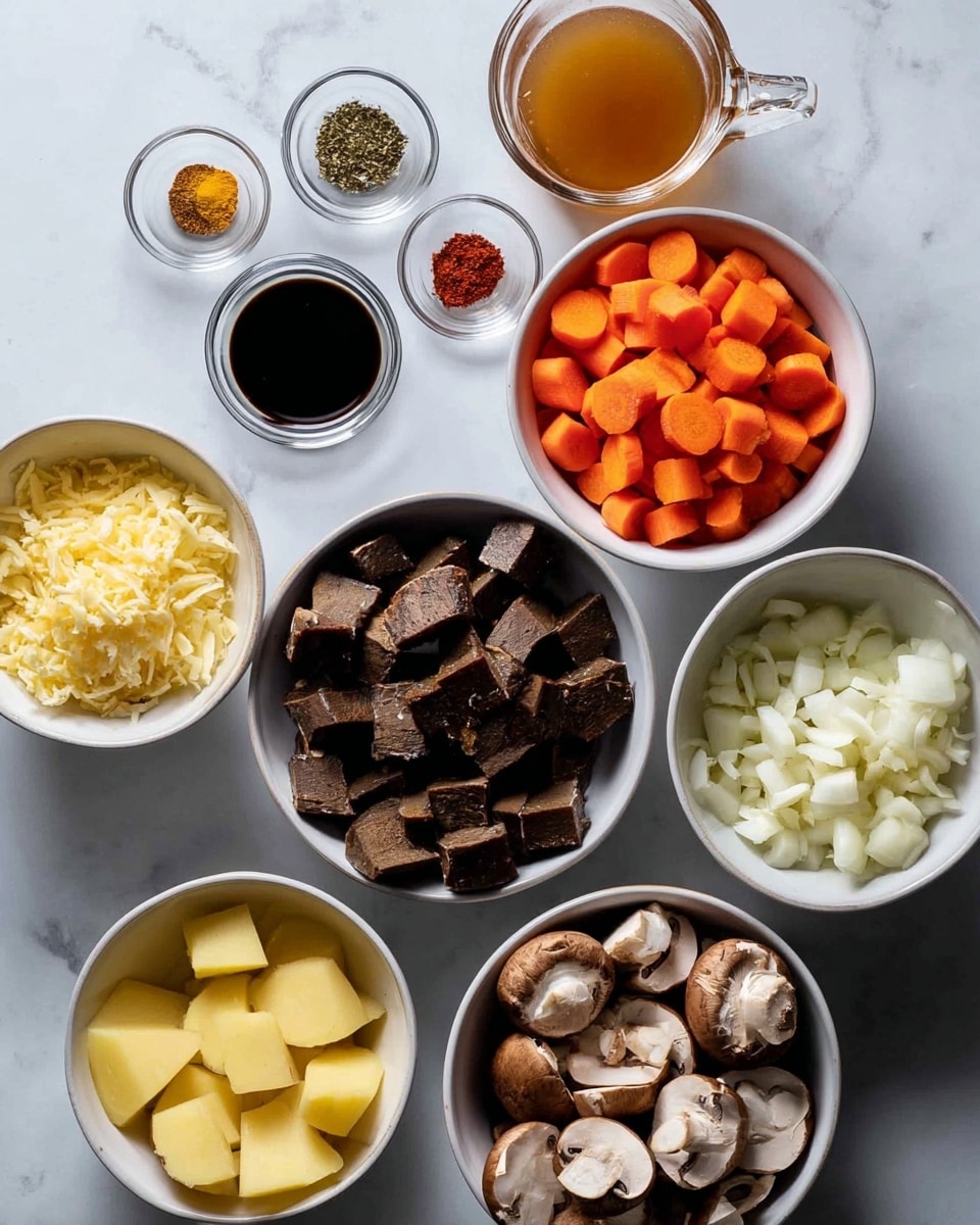 The image shows several white bowls arranged on a white marbled surface. One large bowl in the center holds dark brown cubed pieces. To the bottom left, a white bowl has peeled and chopped light yellow potatoes. To the bottom right, another white bowl contains whole and sliced brown mushrooms. Above the mushrooms, there is a bowl filled with white chopped onions. To the left of the onions, another bowl holds bright orange chopped carrots. Near the top center is a glass jug with a light brown liquid. Below it and slightly right are two small clear bowls, one with a dark liquid and one with a light brown liquid. To the top left, a small white bowl holds dried herbs and red powder spices side by side. To the bottom left of that, another white bowl contains finely grated yellow ginger. The whole setting is neat and clean with a clear view of all ingredients. photo taken with an iphone --ar 4:5 --v 7