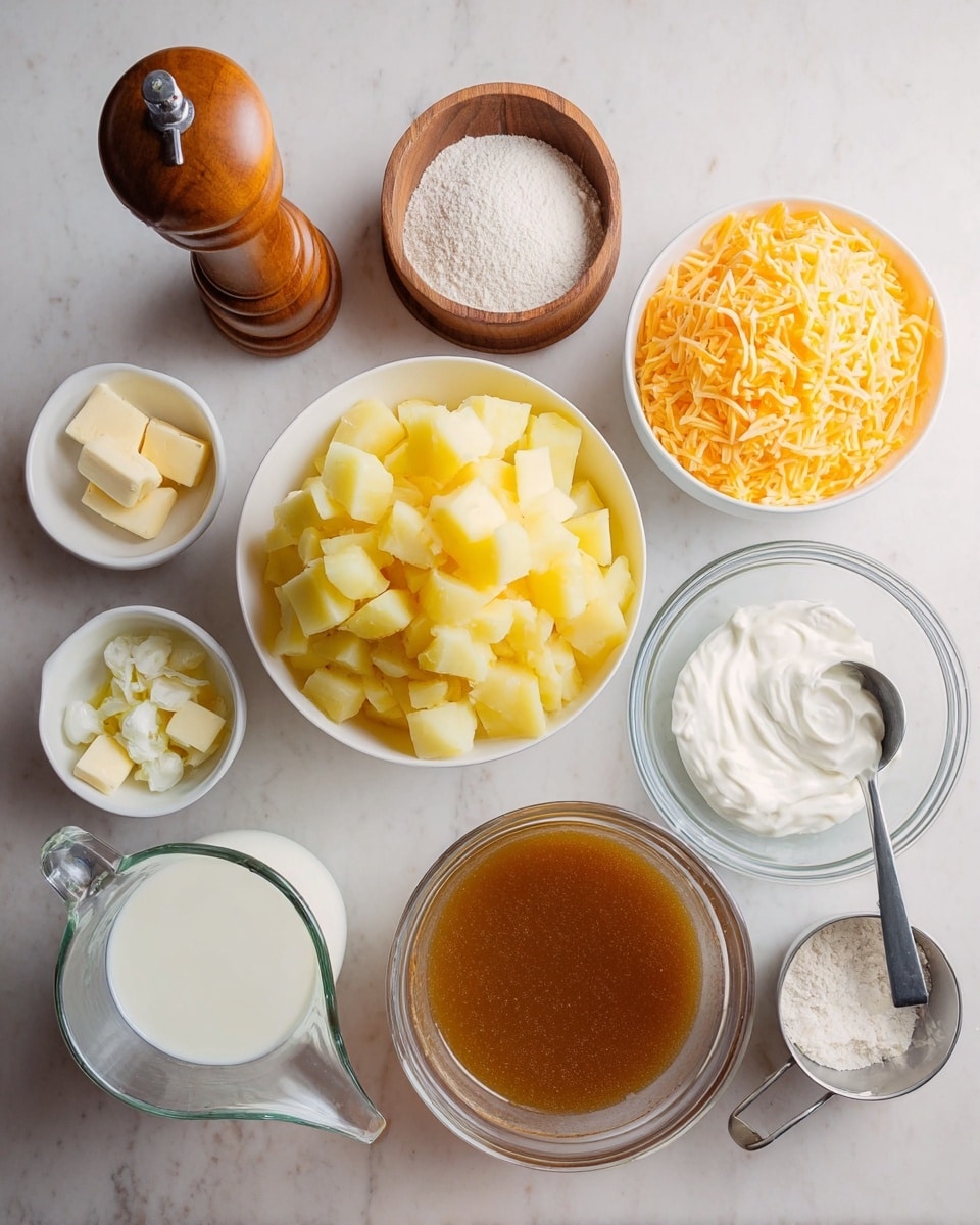 The image shows nine bowls and containers arranged on a white marbled surface. In the center, a white bowl is filled with peeled, chopped yellow potatoes. To its right, another white bowl holds shredded orange-yellow cheese, and next to it is a clear glass bowl with white sour cream. Below the sour cream is a small white dish containing minced garlic. To the left of the garlic, a small white bowl has chunks of pale butter. Above the potatoes, a tall wooden pepper grinder stands next to a round wooden container filled with salt and a metal tablespoon scoop inside it. On the bottom left, there is a clear measuring jug with milk, and in the middle is a larger clear measuring jug filled with brown broth and a metal spoon inside it. Finally, near the broth jug, there is a metal measuring cup of flour. The setup is neat and bright, showing fresh cooking ingredients. Photo taken with an iphone --ar 4:5 --v 7